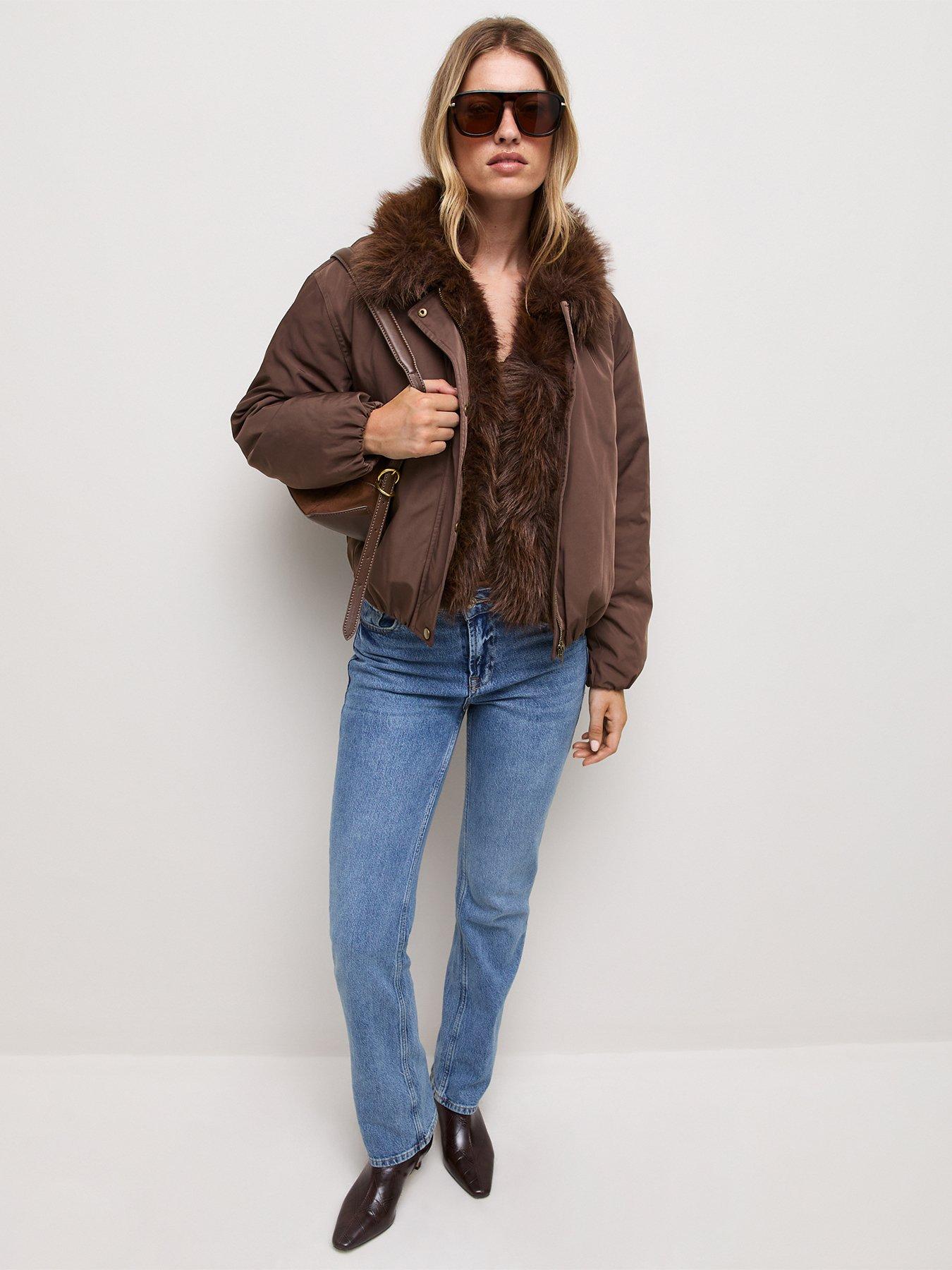 Image 3 of 7 of New Look Dark Brown Faux Fur Collar Bomber Jacket