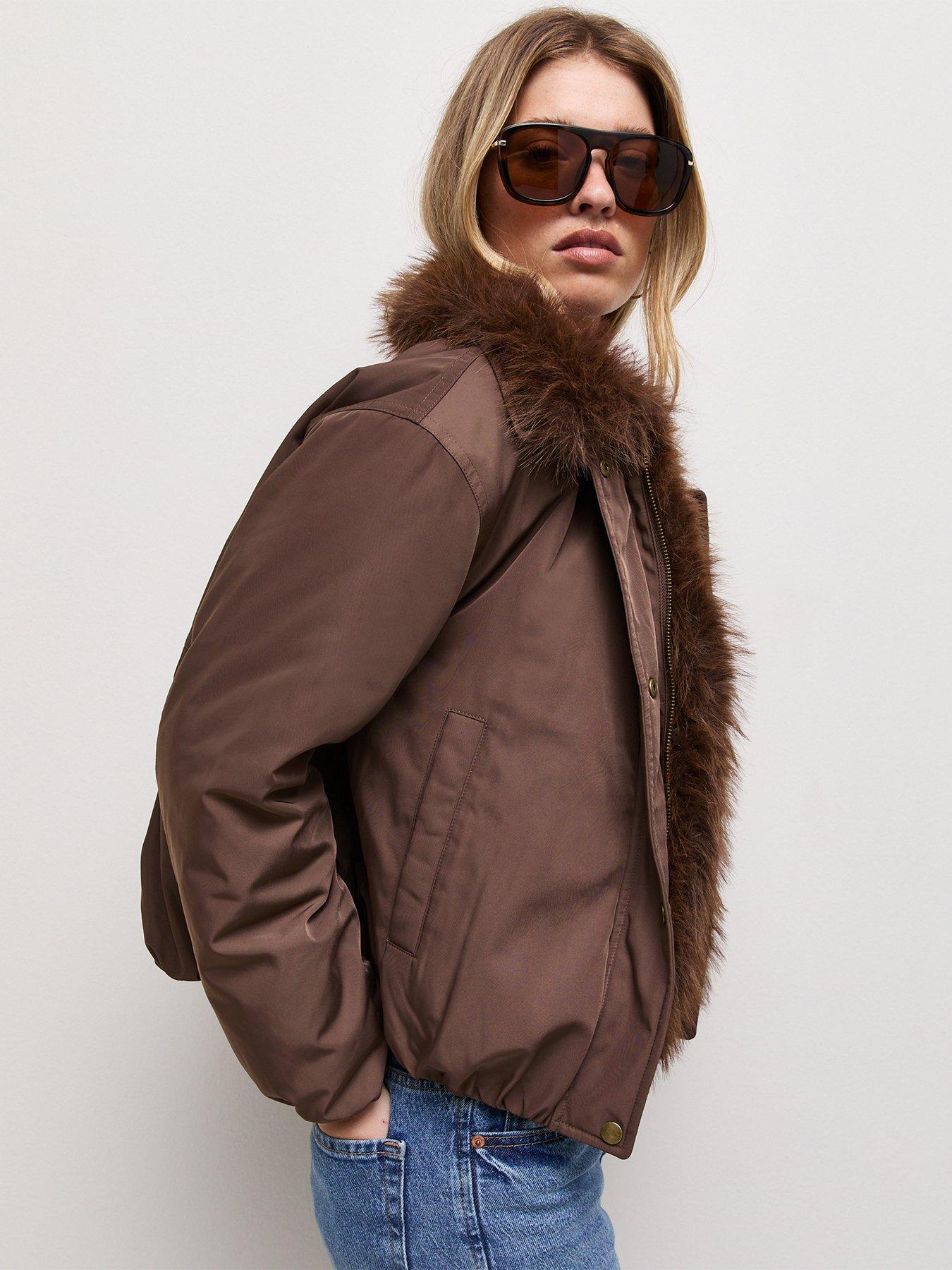 Image 4 of 7 of New Look Dark Brown Faux Fur Collar Bomber Jacket