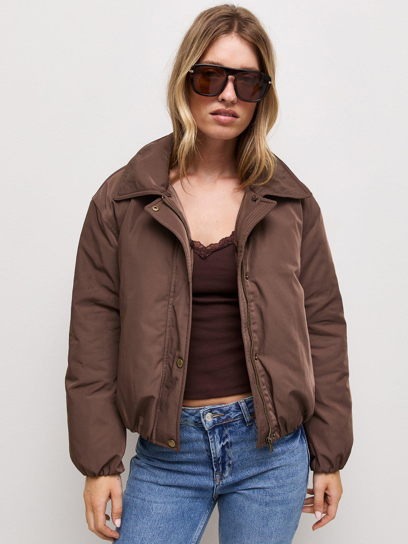 Image 5 of 7 of New Look Dark Brown Faux Fur Collar Bomber Jacket