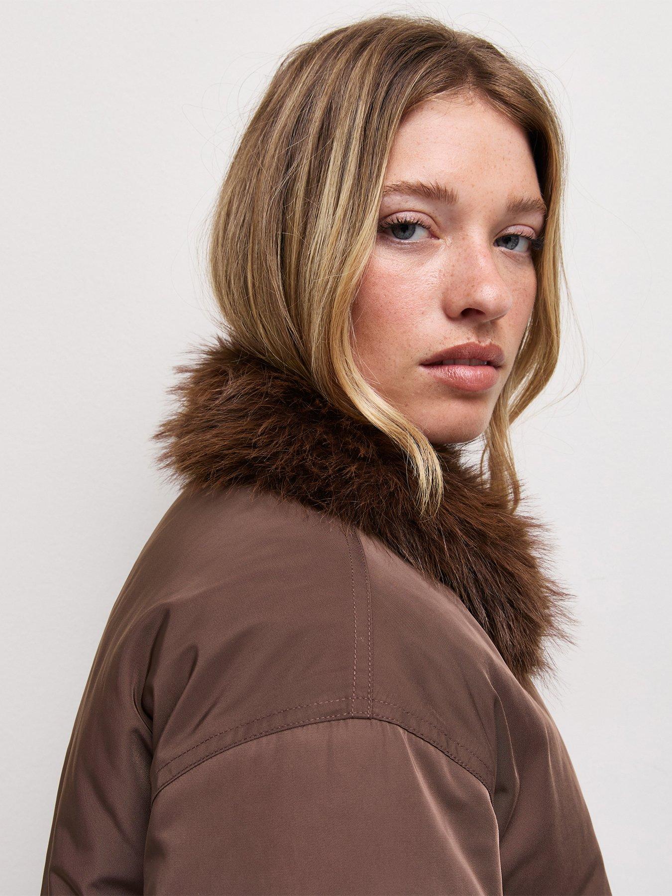 Image 6 of 7 of New Look Dark Brown Faux Fur Collar Bomber Jacket