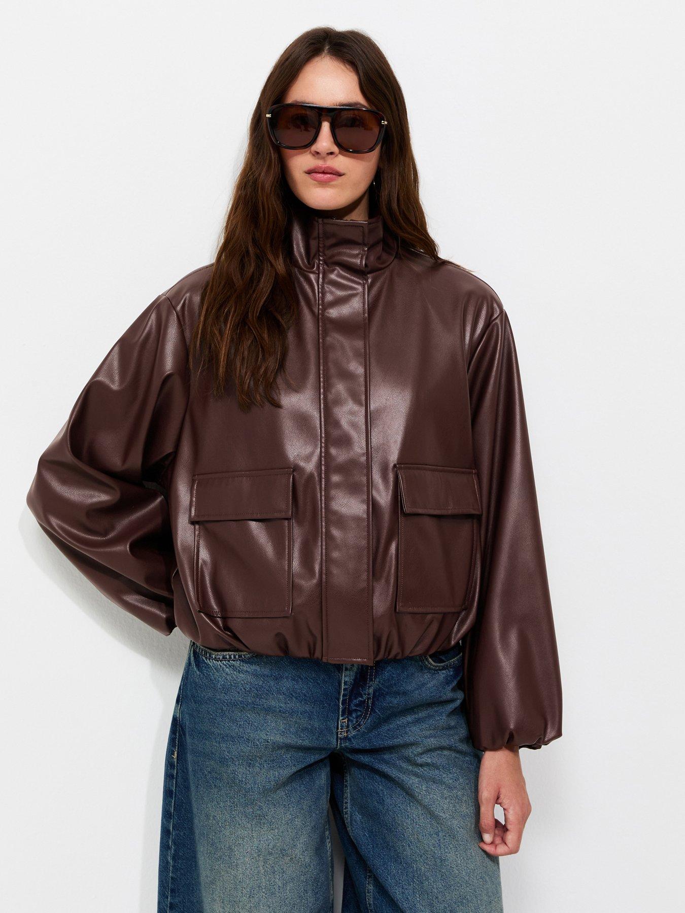 New Look Dark Brown Faux Leather High Neck Jacket