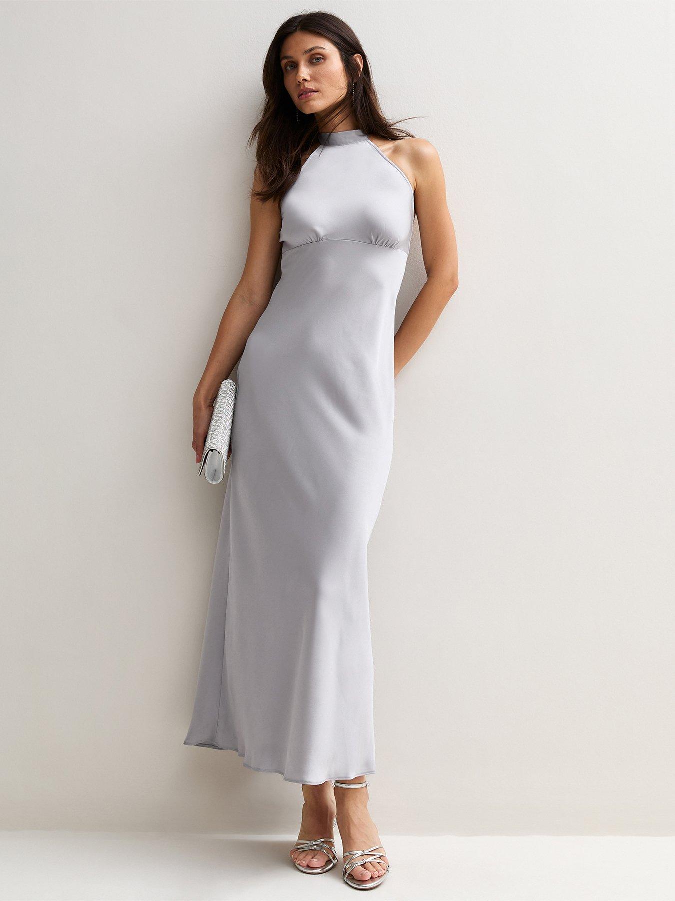 Image 1 of 5 of New Look Silver Halter Neck Satin Maxi Dress