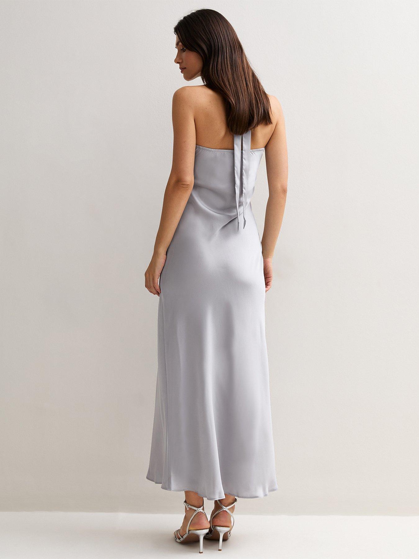 Image 2 of 5 of New Look Silver Halter Neck Satin Maxi Dress