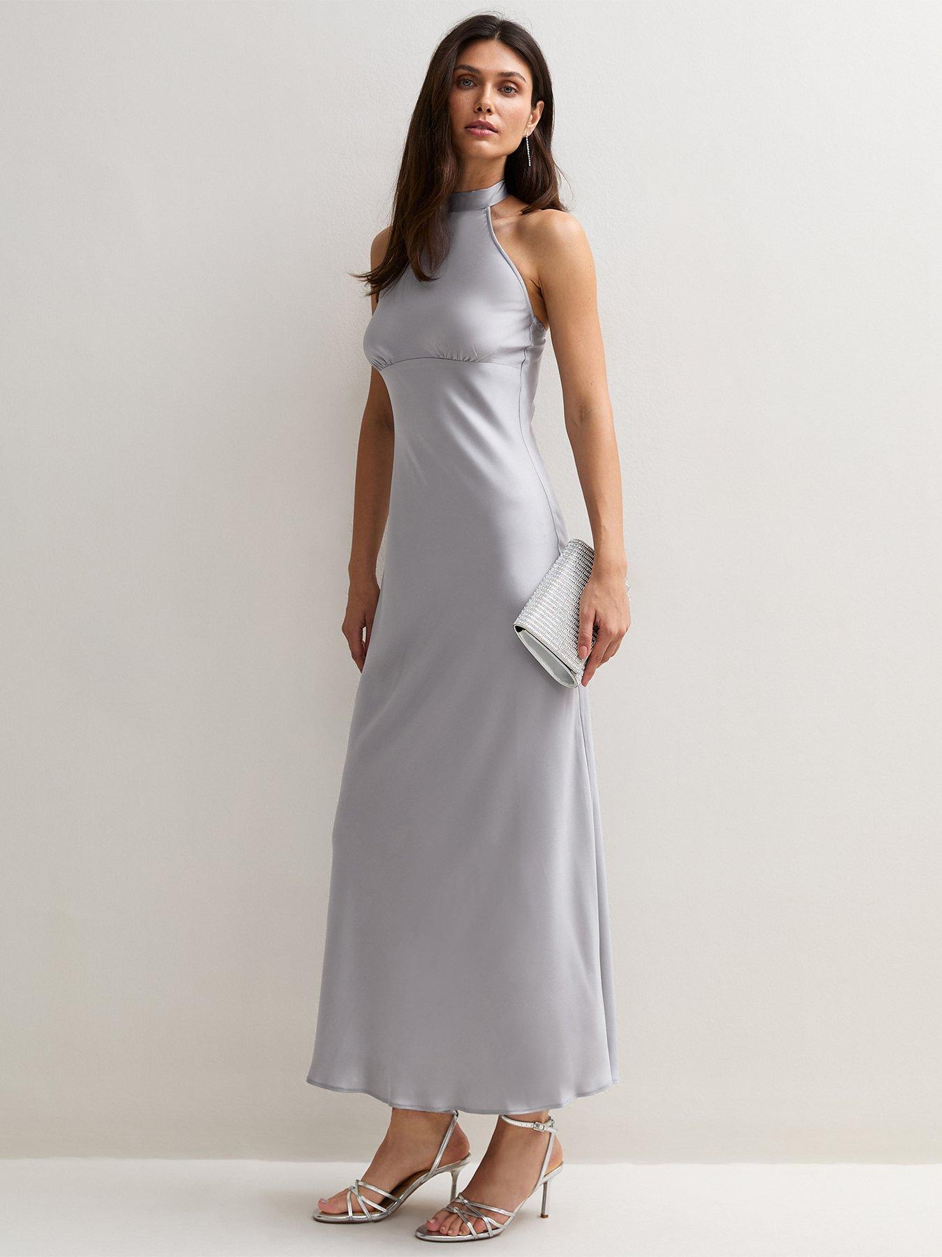 Image 3 of 5 of New Look Silver Halter Neck Satin Maxi Dress