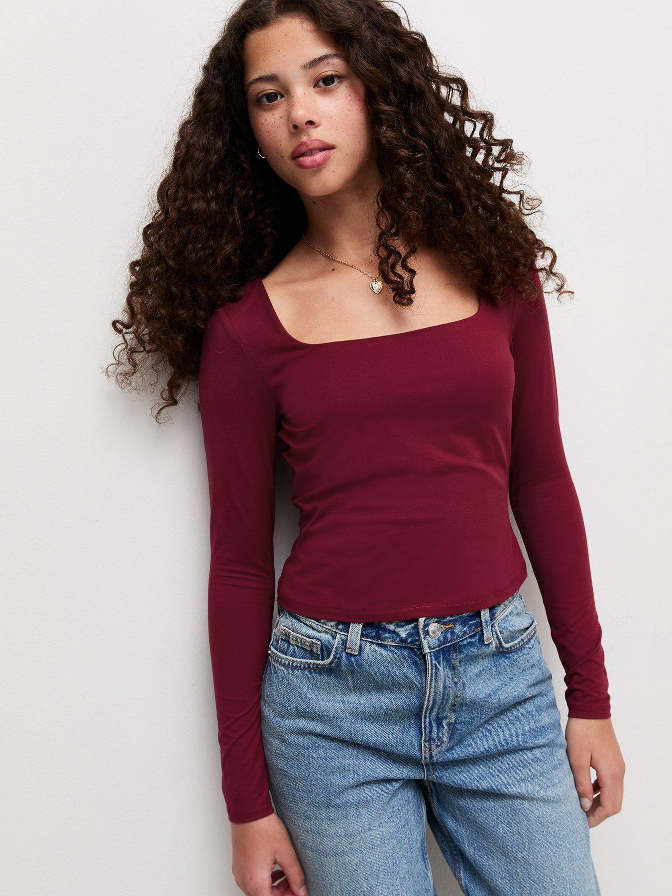 Image 1 of 6 of New Look 915 Girls Dark Burgundy Square Neck Long Sleeve Top