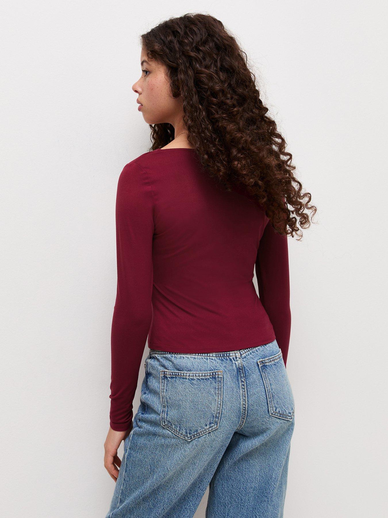 Image 2 of 6 of New Look 915 Girls Dark Burgundy Square Neck Long Sleeve Top