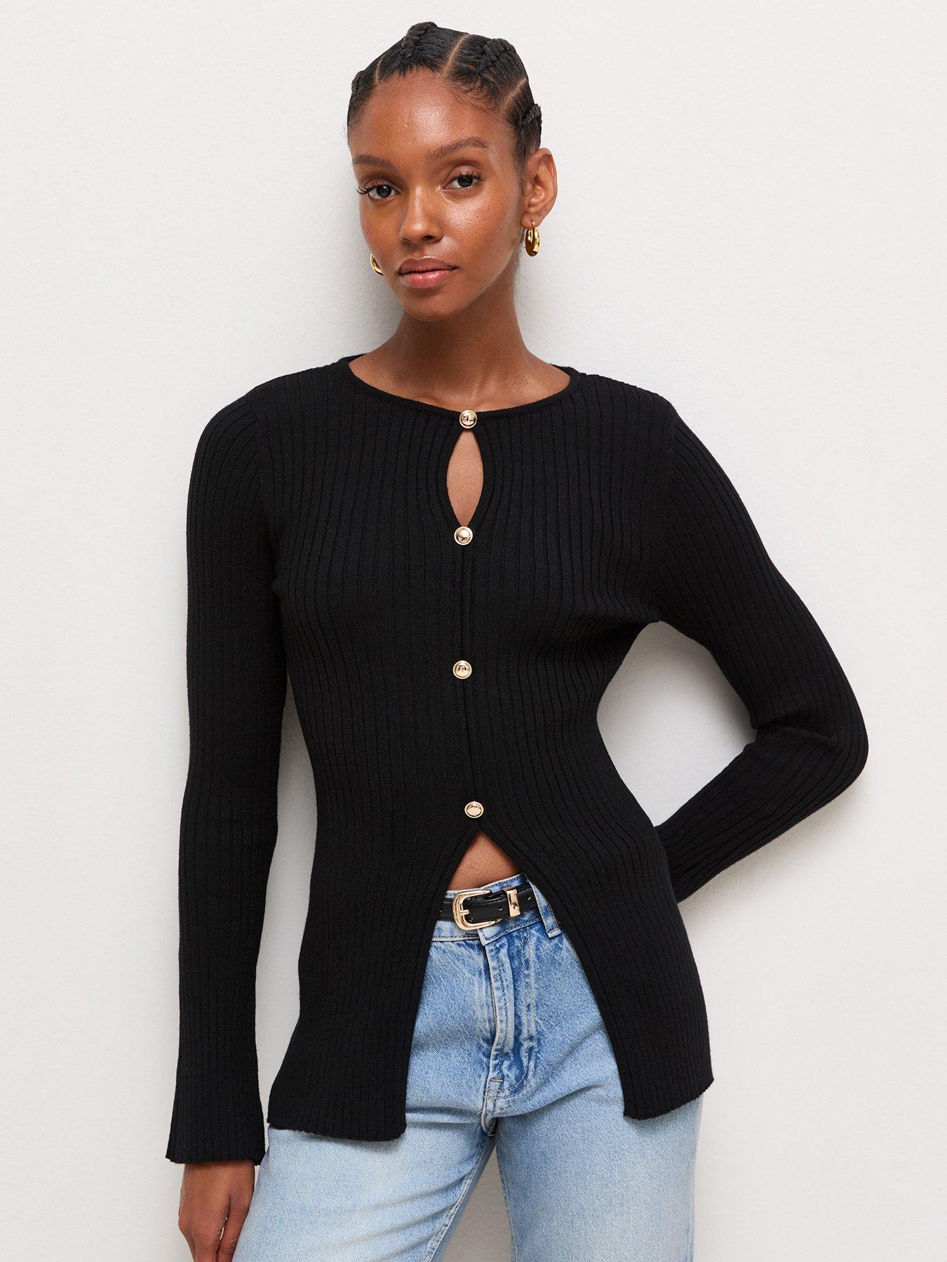 Image 1 of 6 of New Look Black Ribbed Knit Button Long Sleeve Top