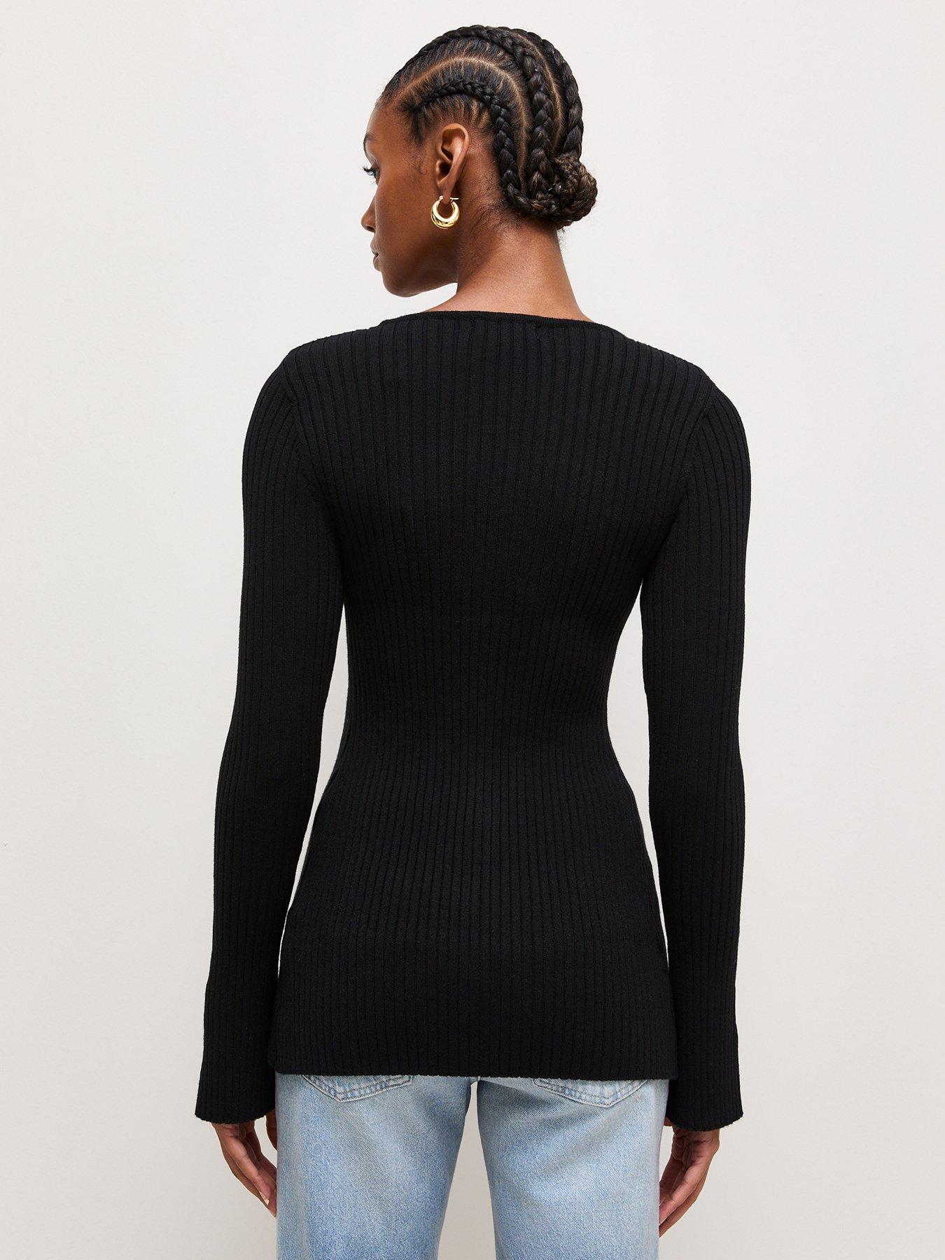 Image 2 of 6 of New Look Black Ribbed Knit Button Long Sleeve Top