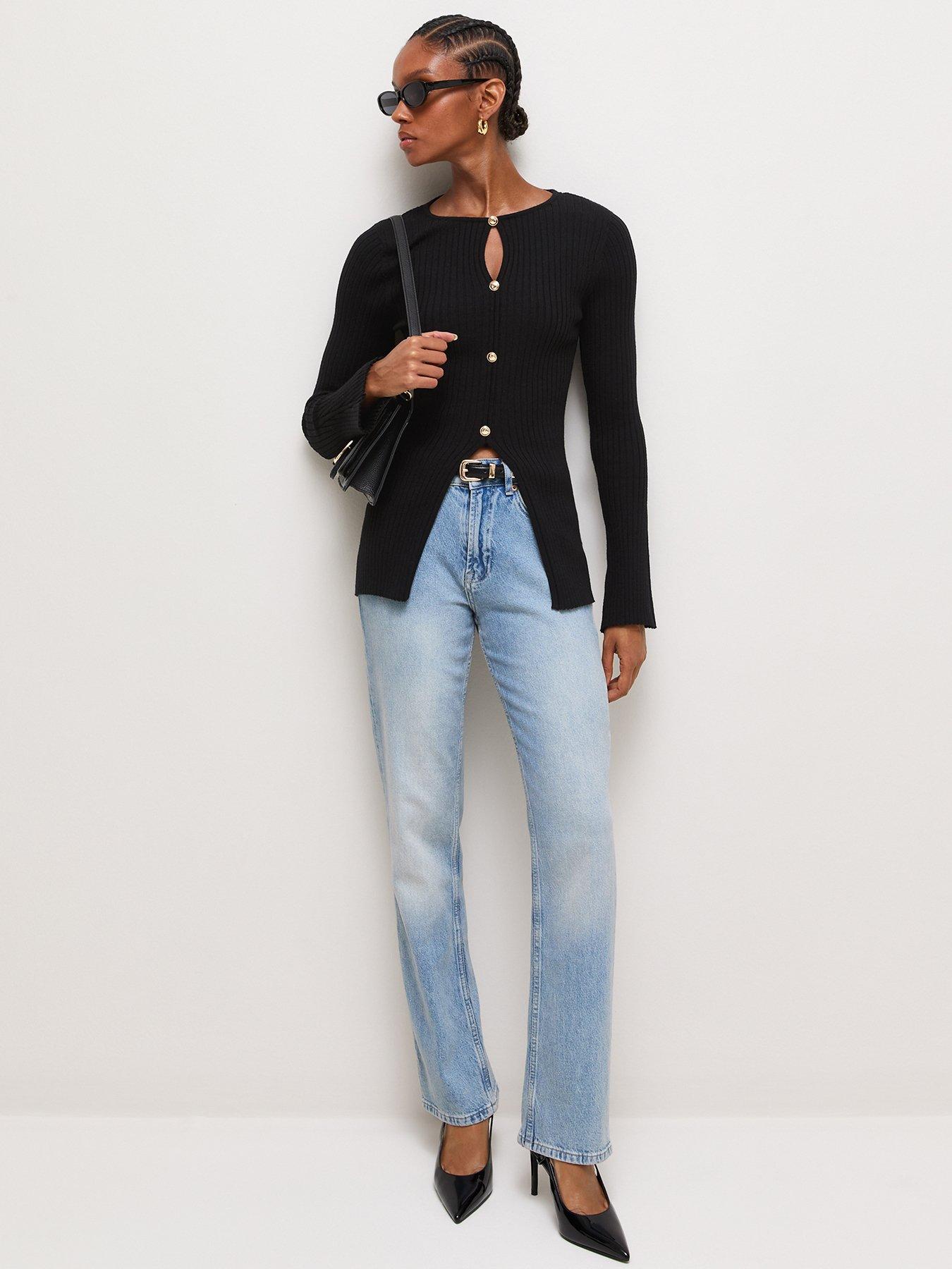 Image 3 of 6 of New Look Black Ribbed Knit Button Long Sleeve Top