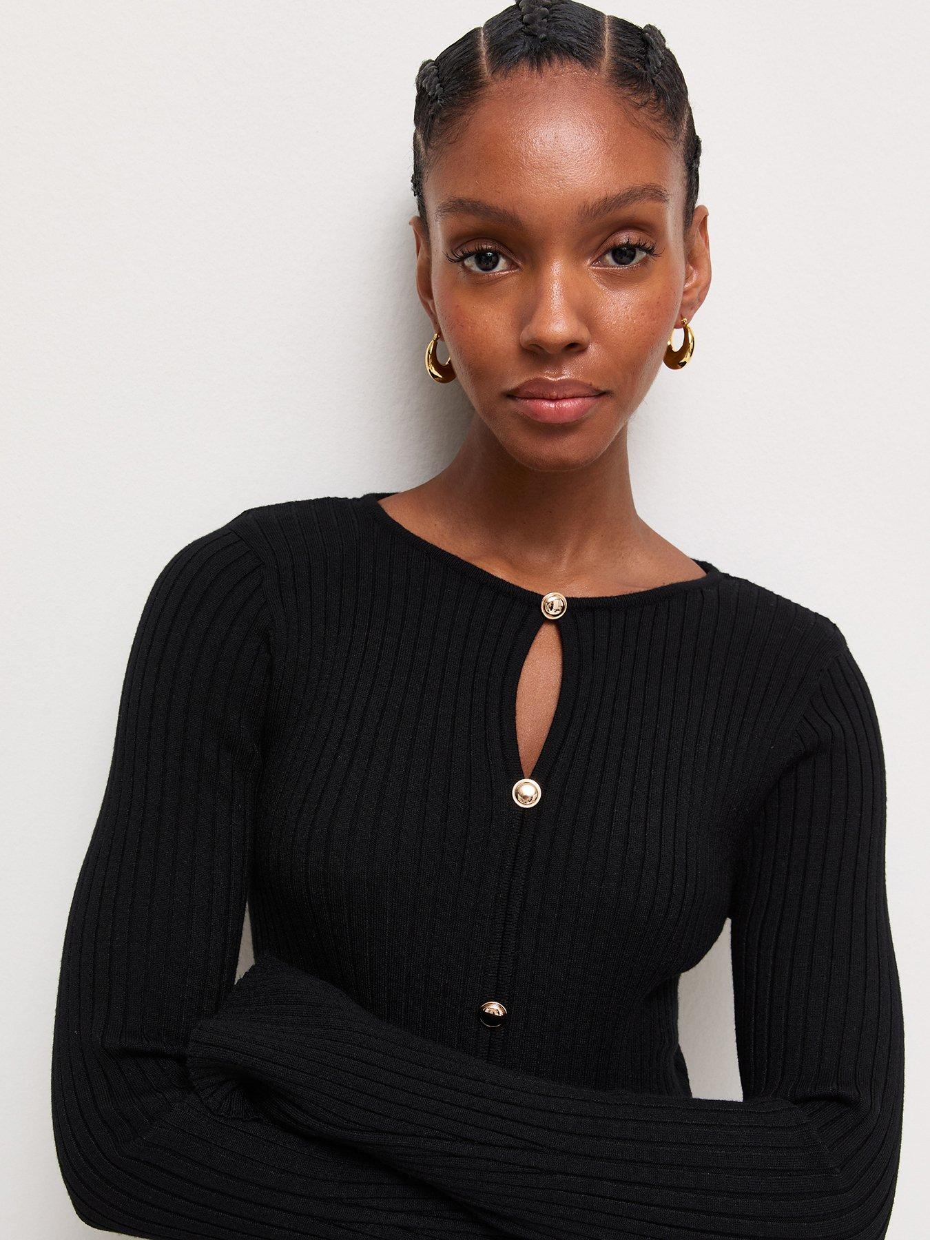 Image 4 of 6 of New Look Black Ribbed Knit Button Long Sleeve Top