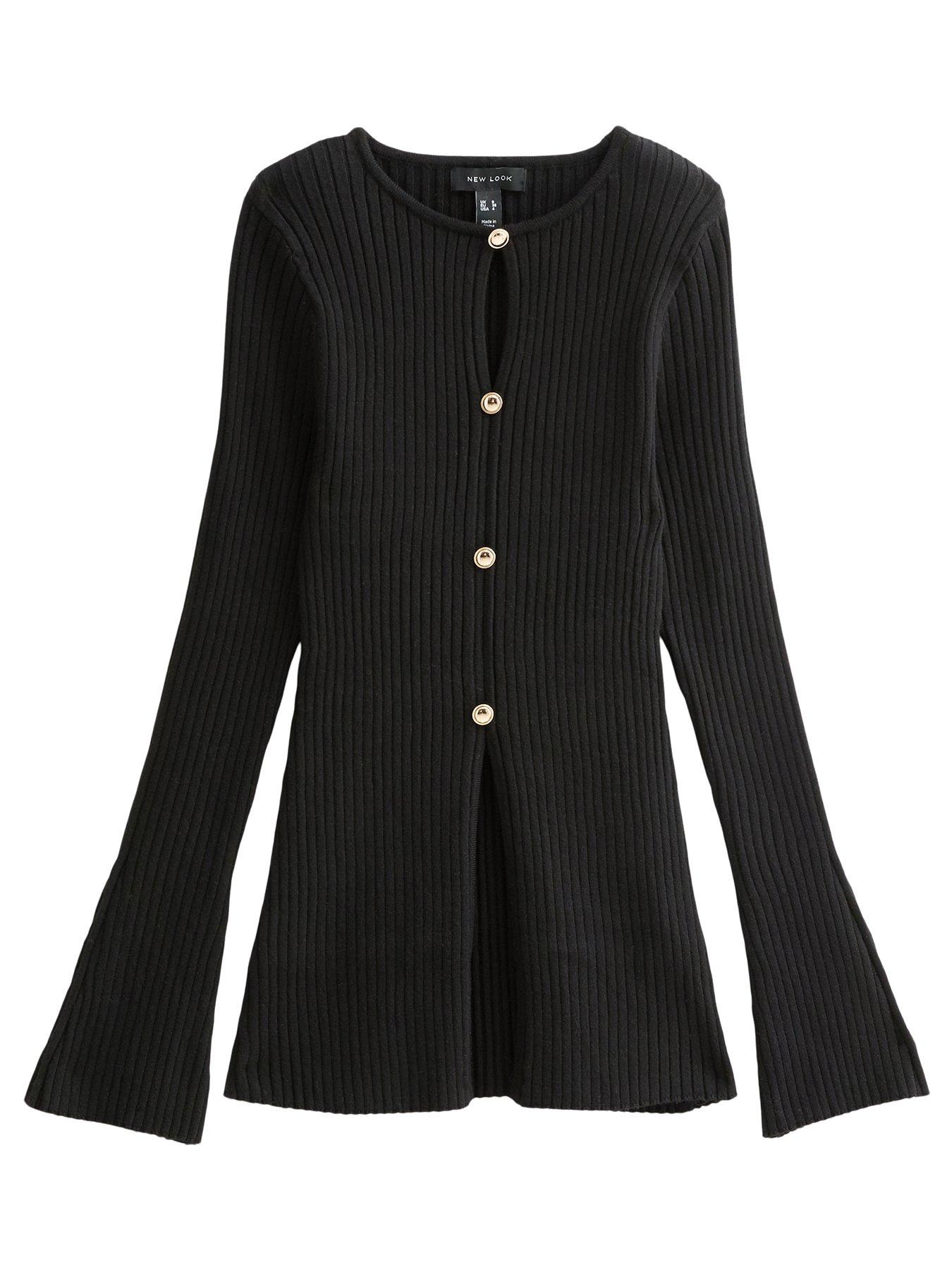 Image 5 of 6 of New Look Black Ribbed Knit Button Long Sleeve Top