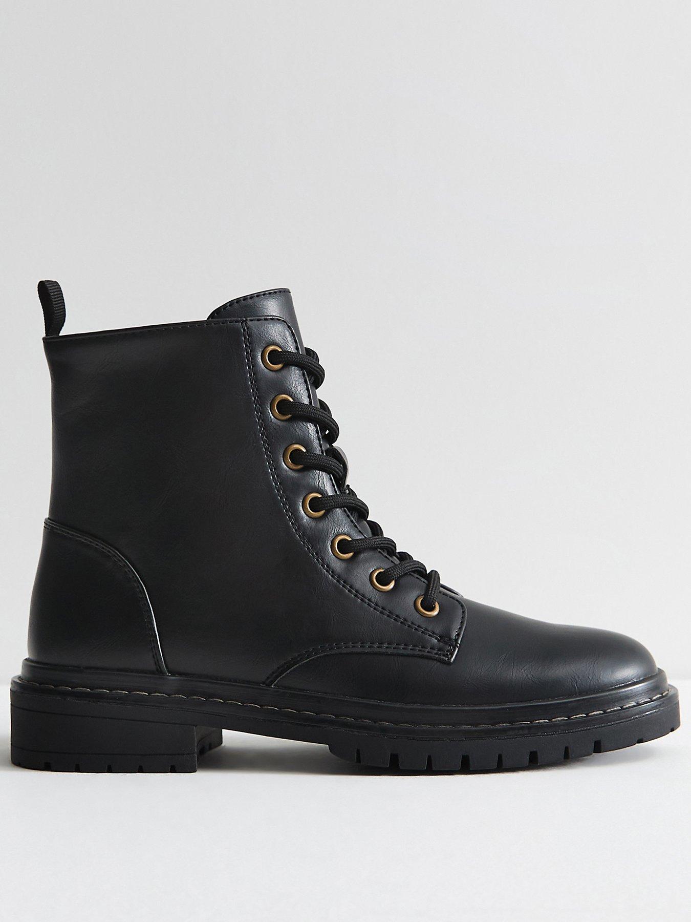 Image 1 of 5 of New Look Womens Faux Leather Side Zip Lace Up Ankle Boots - Black