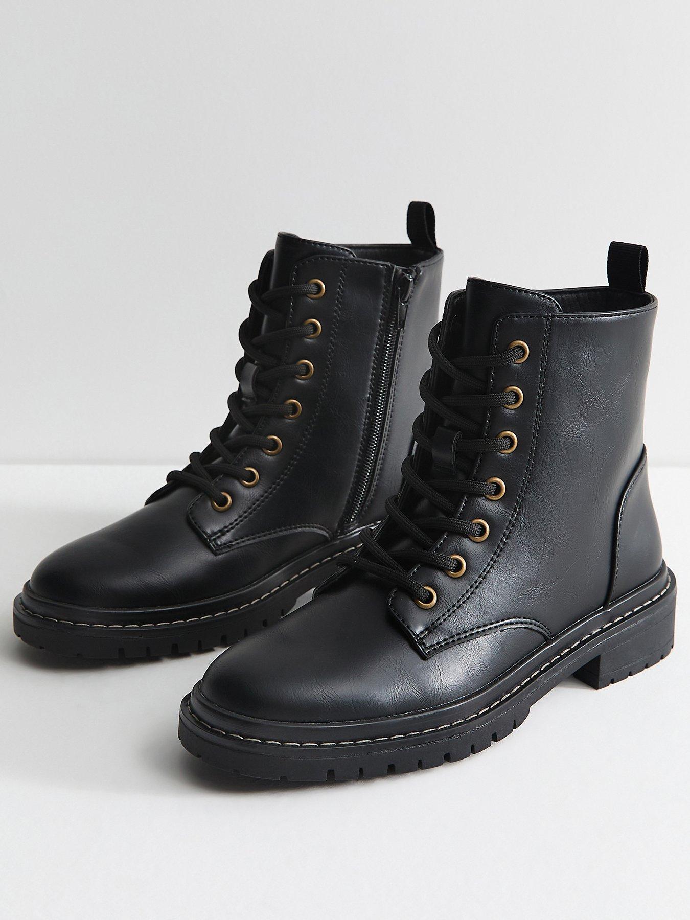 Image 2 of 5 of New Look Womens Faux Leather Side Zip Lace Up Ankle Boots - Black