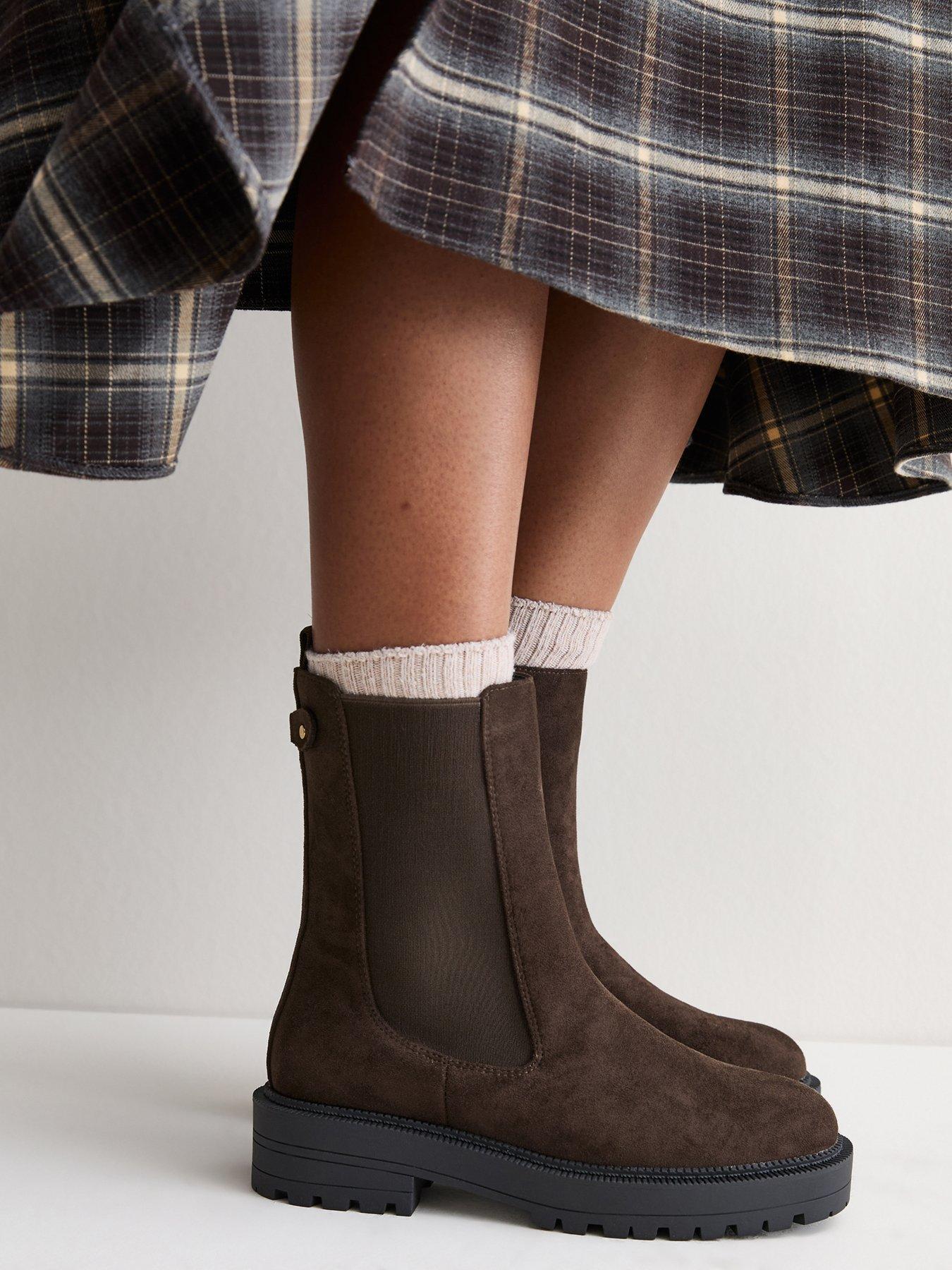 Image 1 of 6 of New Look Dark Brown Faux Suede Chunky Sole Chelsea Boots