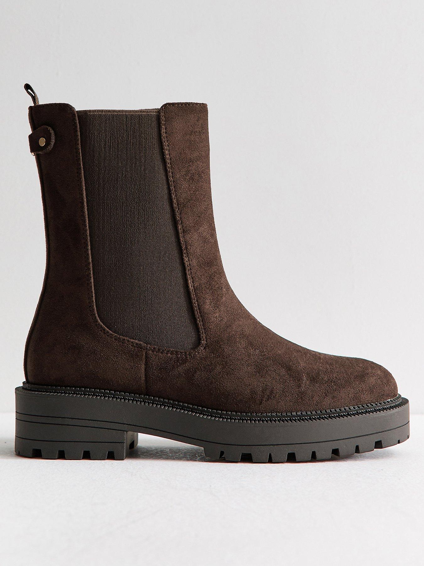Image 2 of 6 of New Look Dark Brown Faux Suede Chunky Sole Chelsea Boots