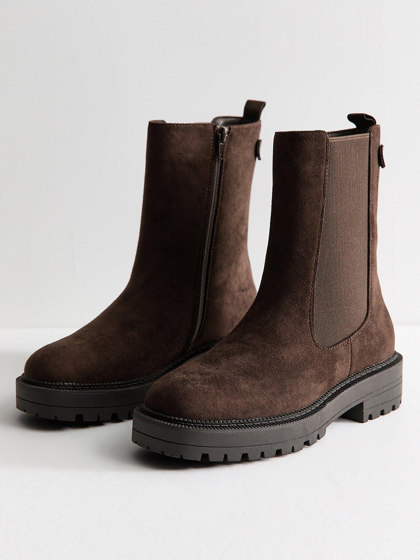 Image 3 of 6 of New Look Dark Brown Faux Suede Chunky Sole Chelsea Boots