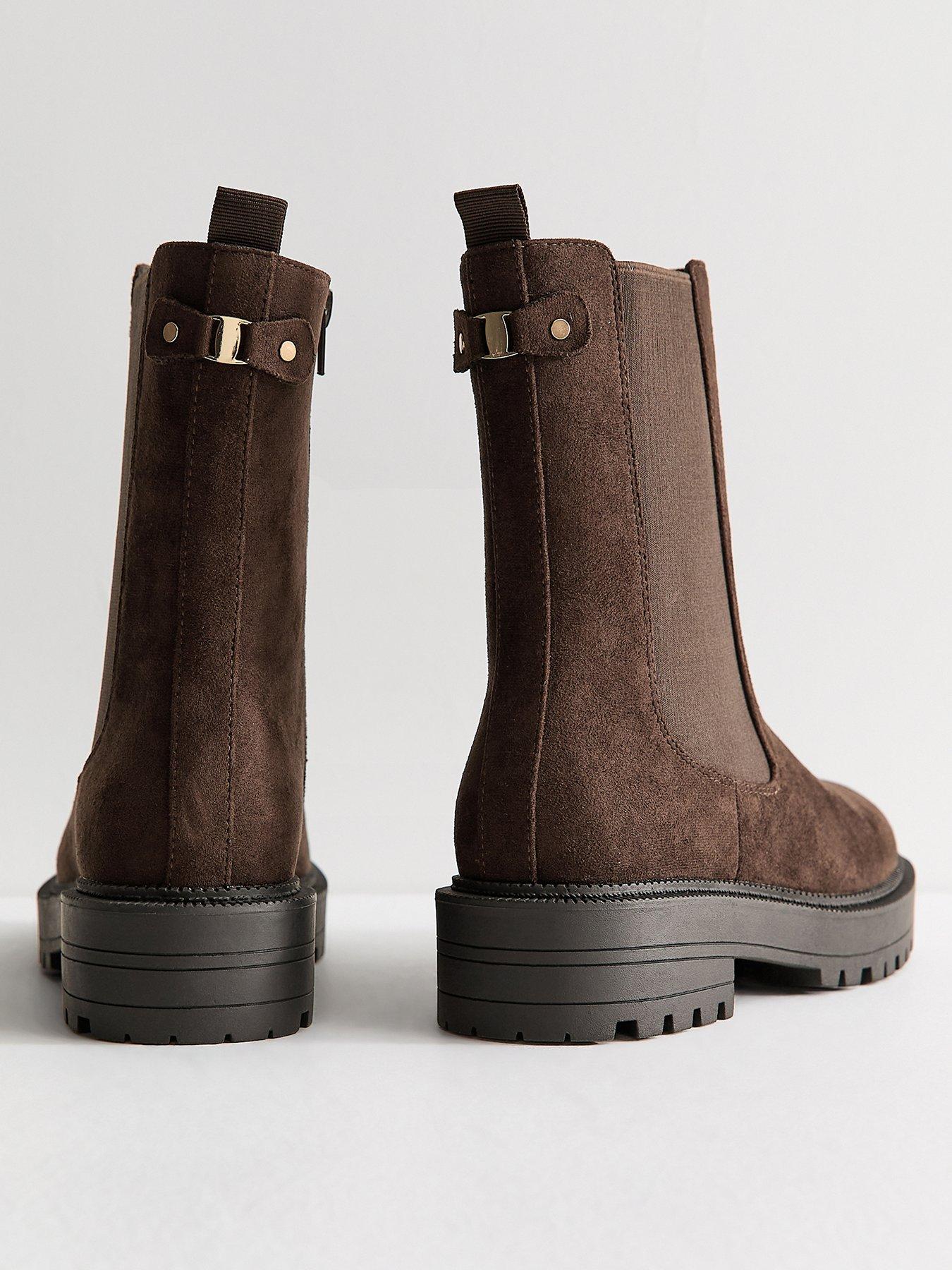 Image 4 of 6 of New Look Dark Brown Faux Suede Chunky Sole Chelsea Boots