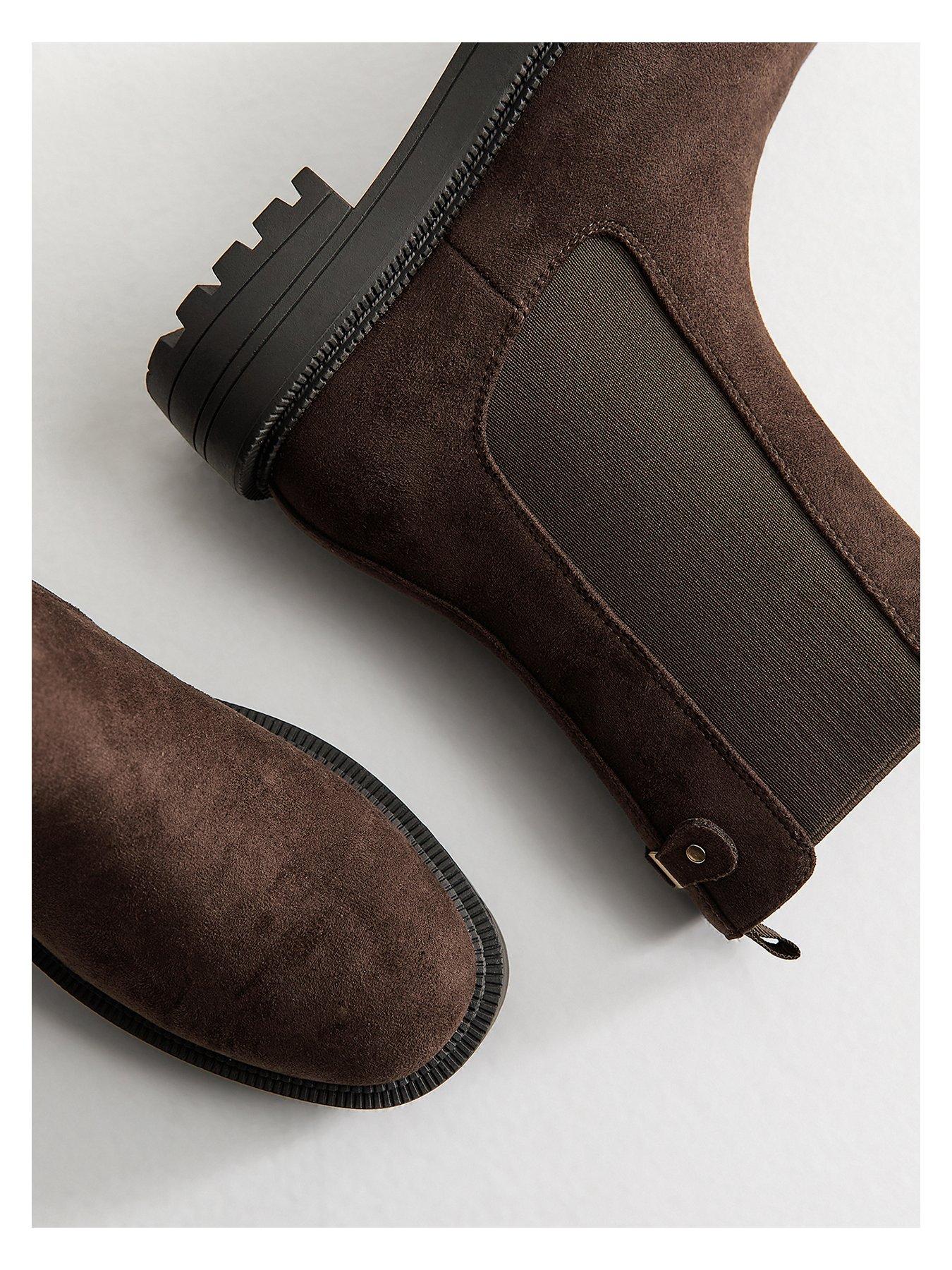 Image 5 of 6 of New Look Dark Brown Faux Suede Chunky Sole Chelsea Boots