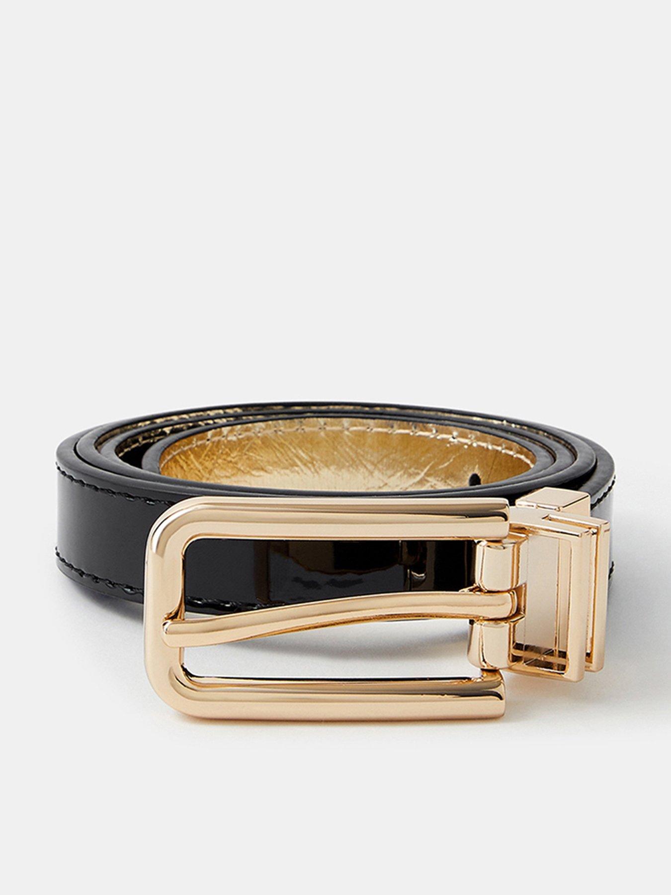 Image 1 of 4 of Accessorize Womens Reversible Metallic Buckle Belt - Gold