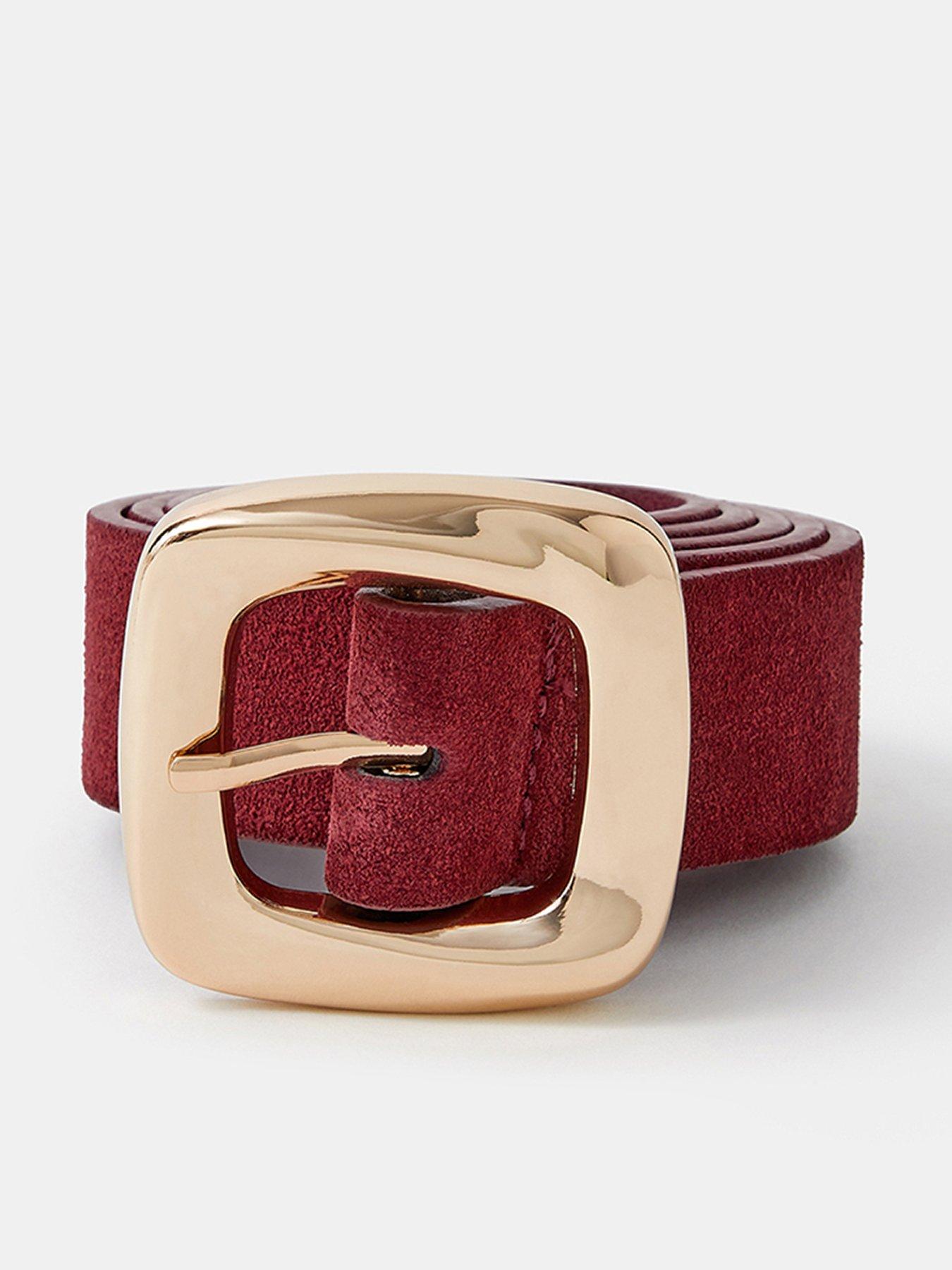 Image 1 of 2 of Accessorize Womens Suede-Look Gold Square Buckle Adjustable Belt - Red