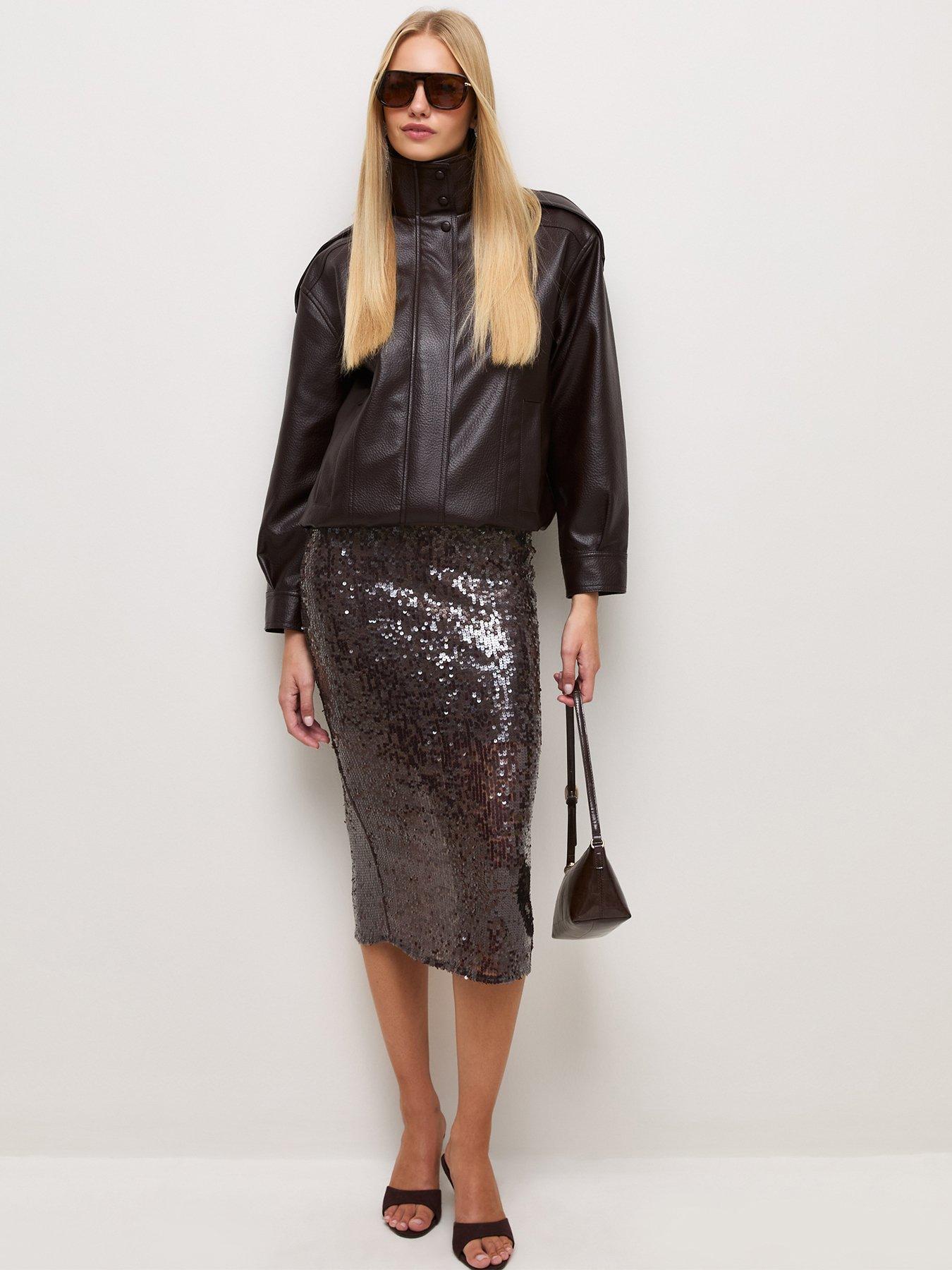 Image 3 of 5 of New Look Womens Sequin Embellished Midi Skirt - Brown
