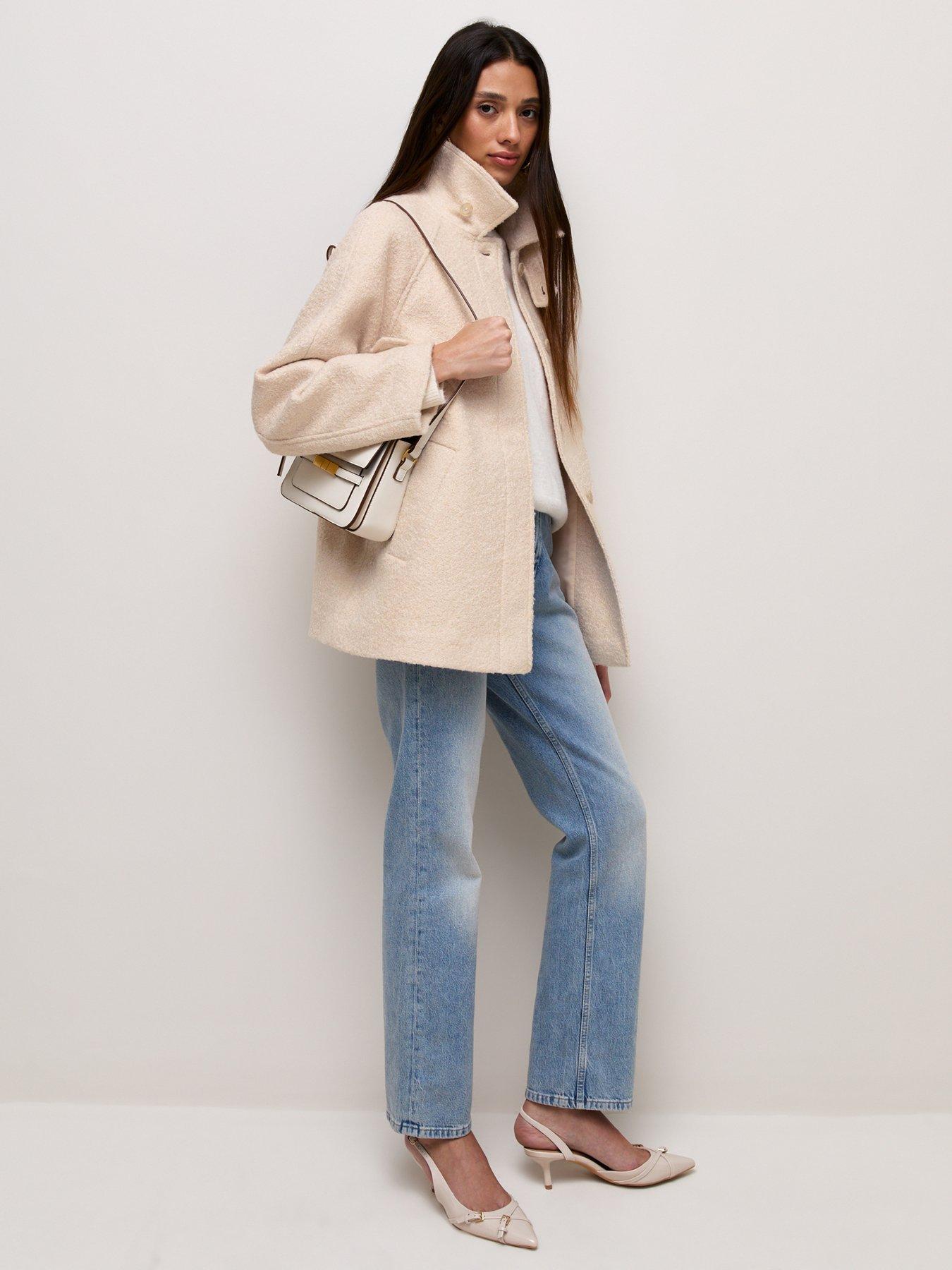 Image 1 of 5 of New Look Felt Raglan Sleeve Funnel Neck Coat - Cream