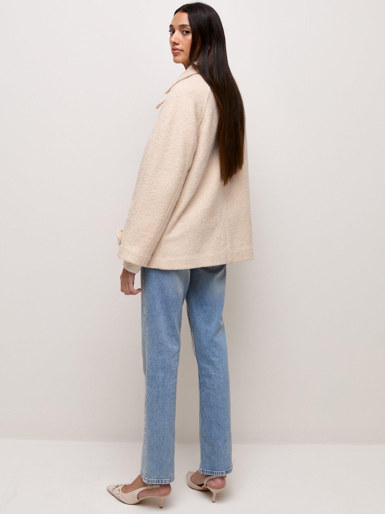 Image 2 of 5 of New Look Felt Raglan Sleeve Funnel Neck Coat - Cream