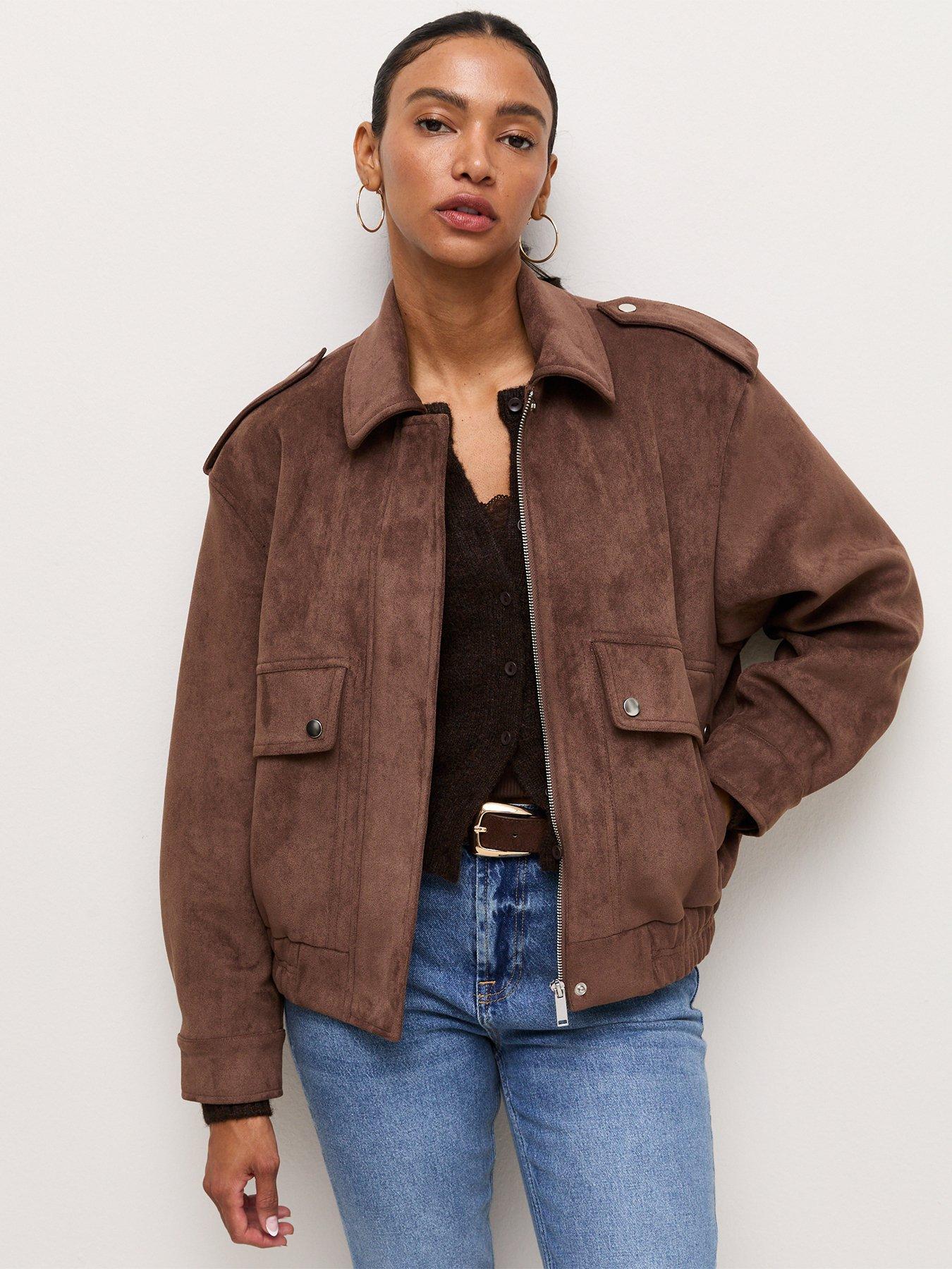 Image 1 of 7 of New Look Womens Faux Suede Pocket Front Bomber Jacket - Brown