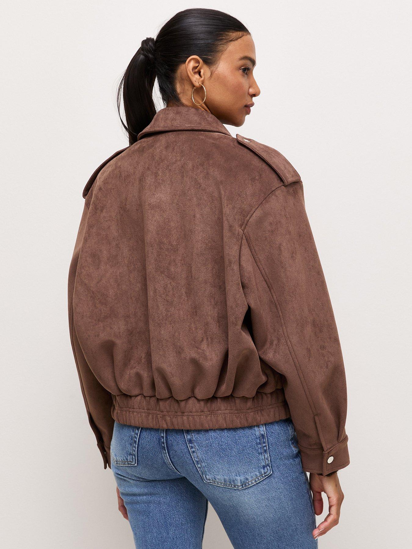 Image 2 of 7 of New Look Womens Faux Suede Pocket Front Bomber Jacket - Brown