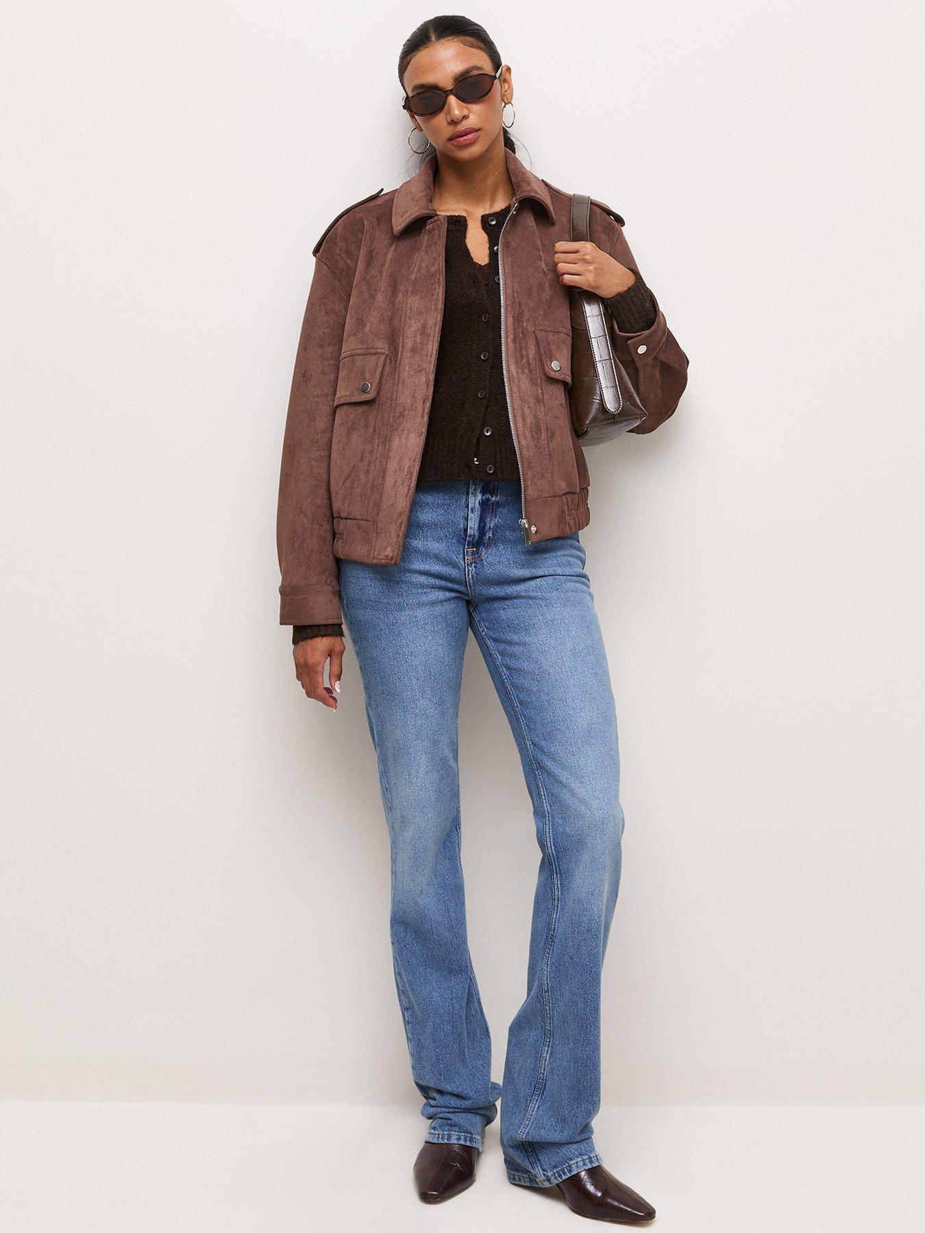 Image 3 of 7 of New Look Womens Faux Suede Pocket Front Bomber Jacket - Brown