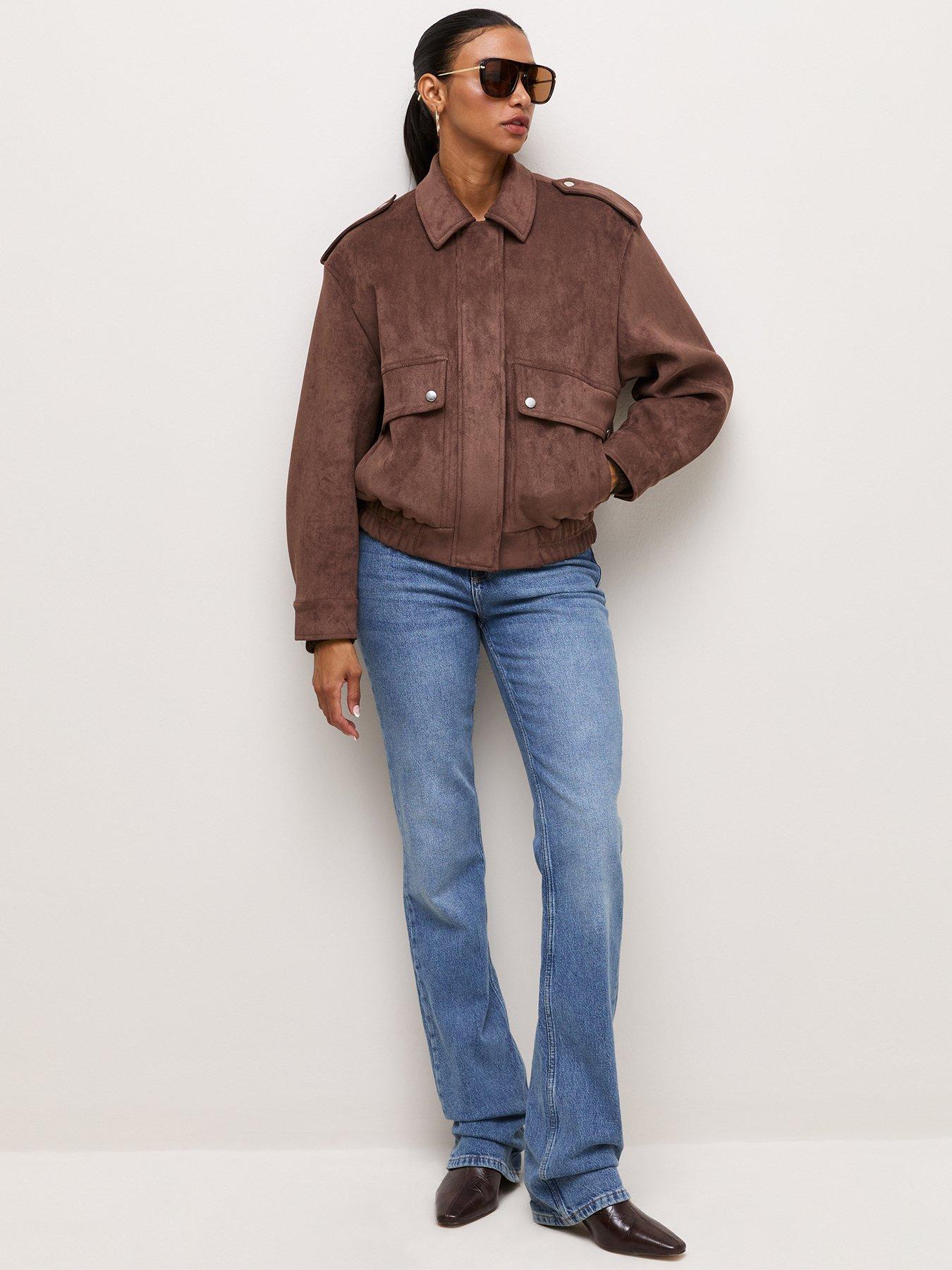 Image 4 of 7 of New Look Womens Faux Suede Pocket Front Bomber Jacket - Brown