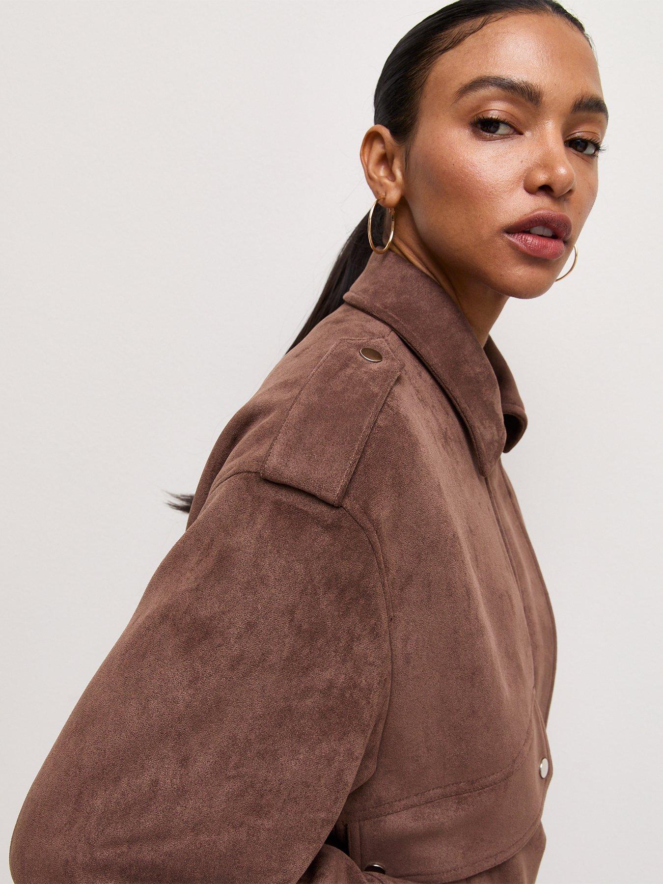 Image 5 of 7 of New Look Womens Faux Suede Pocket Front Bomber Jacket - Brown