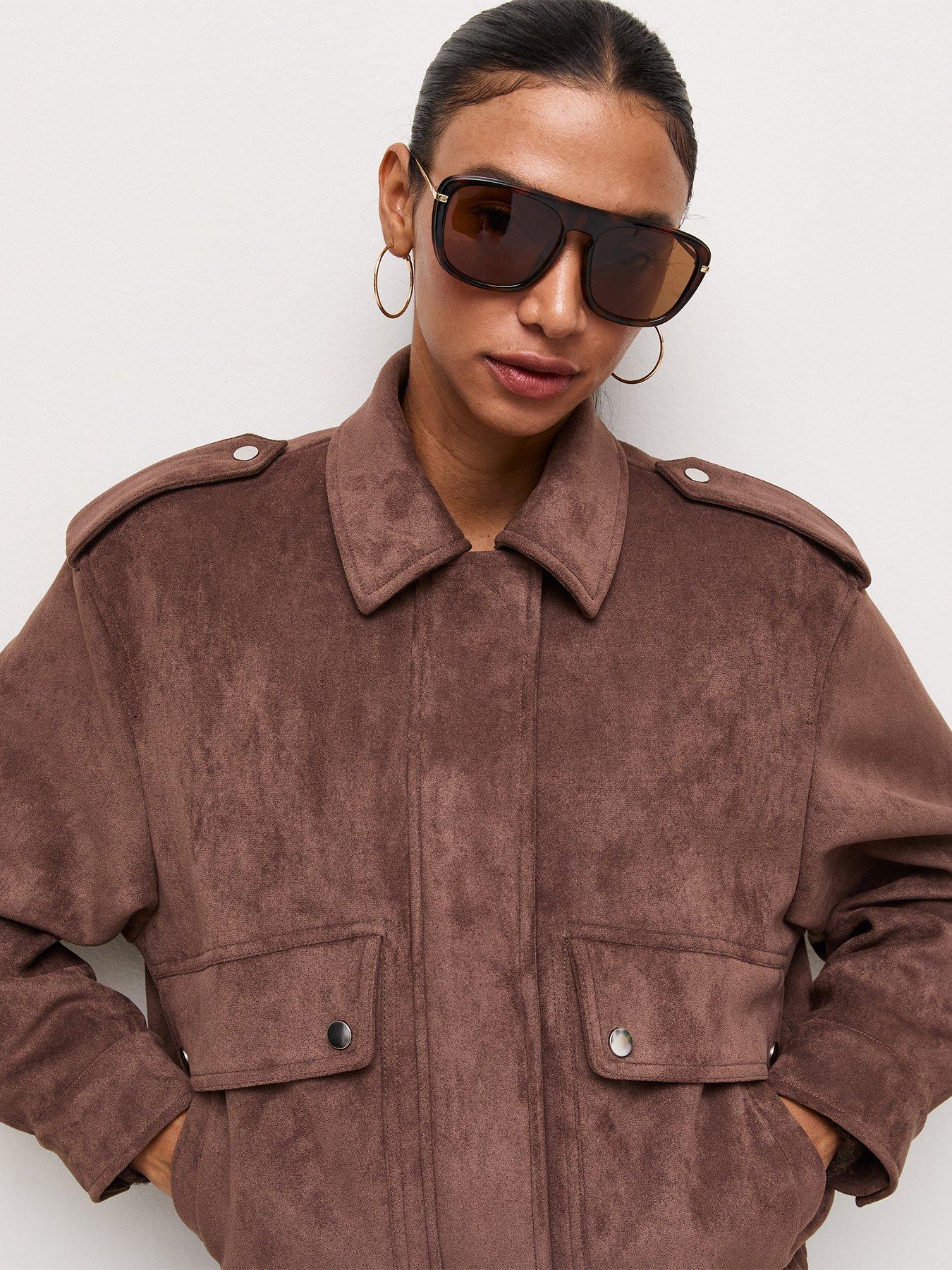 Image 6 of 7 of New Look Womens Faux Suede Pocket Front Bomber Jacket - Brown