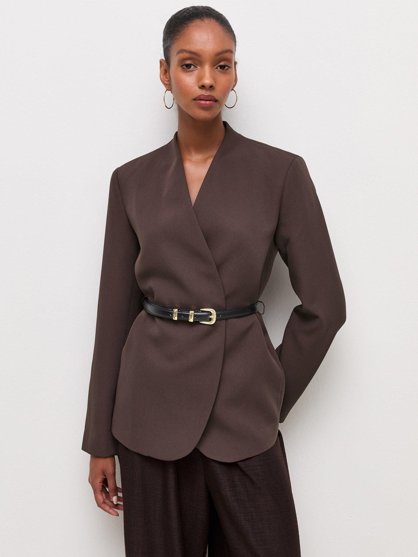 New Look Dark Burgundy Collarless Belted Blazer