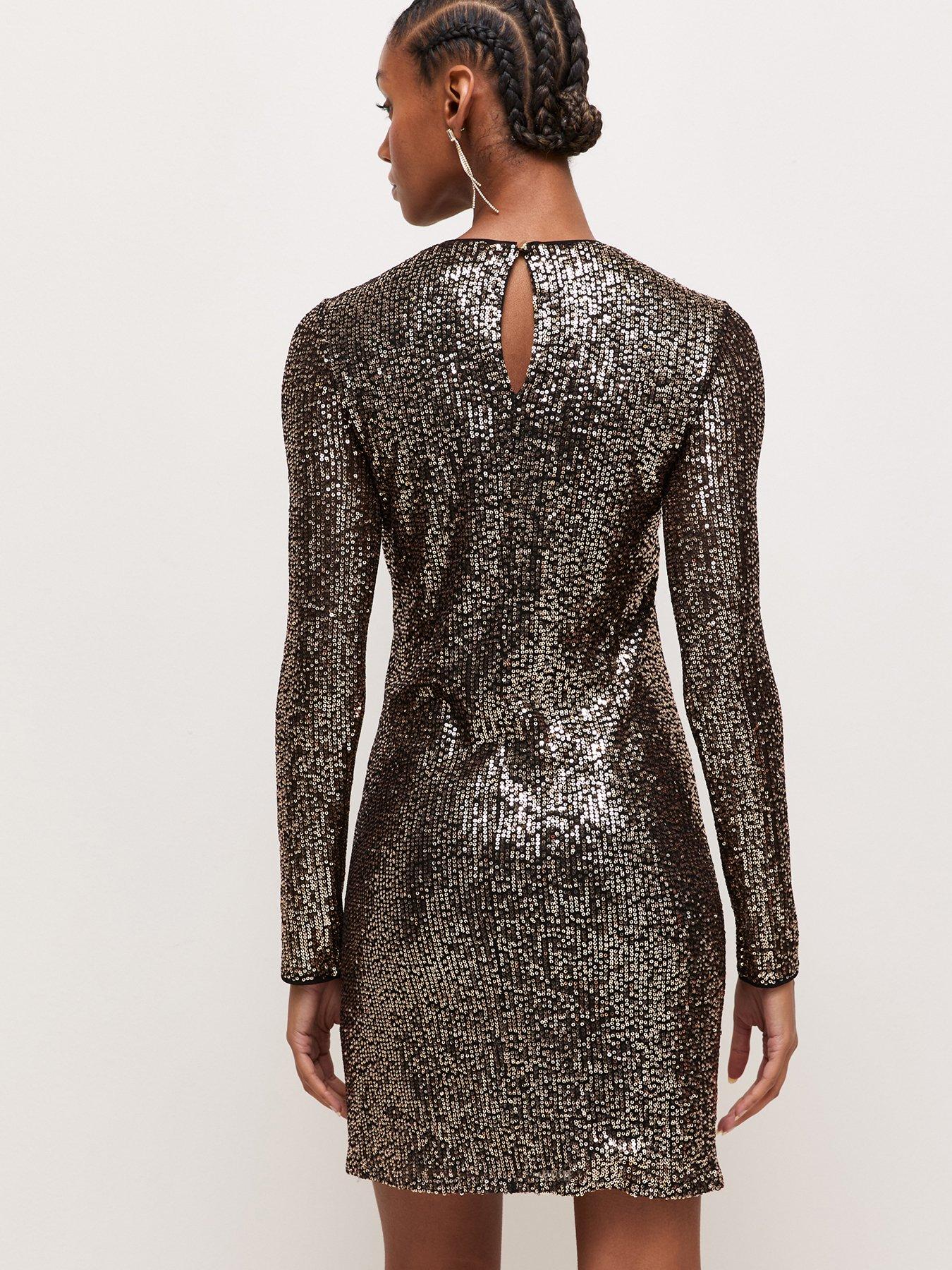 Image 2 of 7 of New Look Womens Front Knot Sequin Long Sleeve Mini Dress - Gold