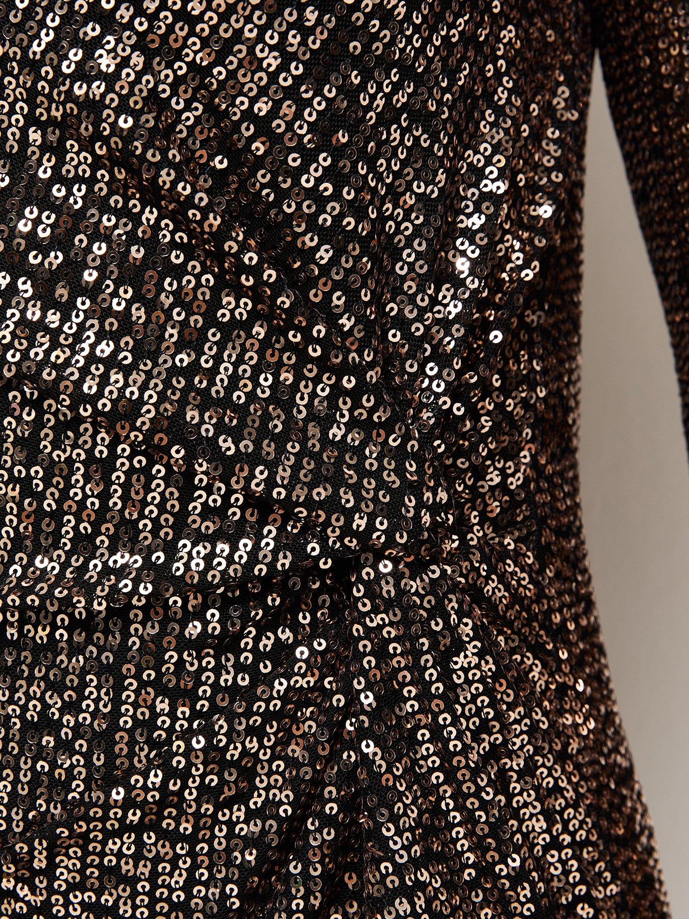 Image 7 of 7 of New Look Womens Front Knot Sequin Long Sleeve Mini Dress - Gold
