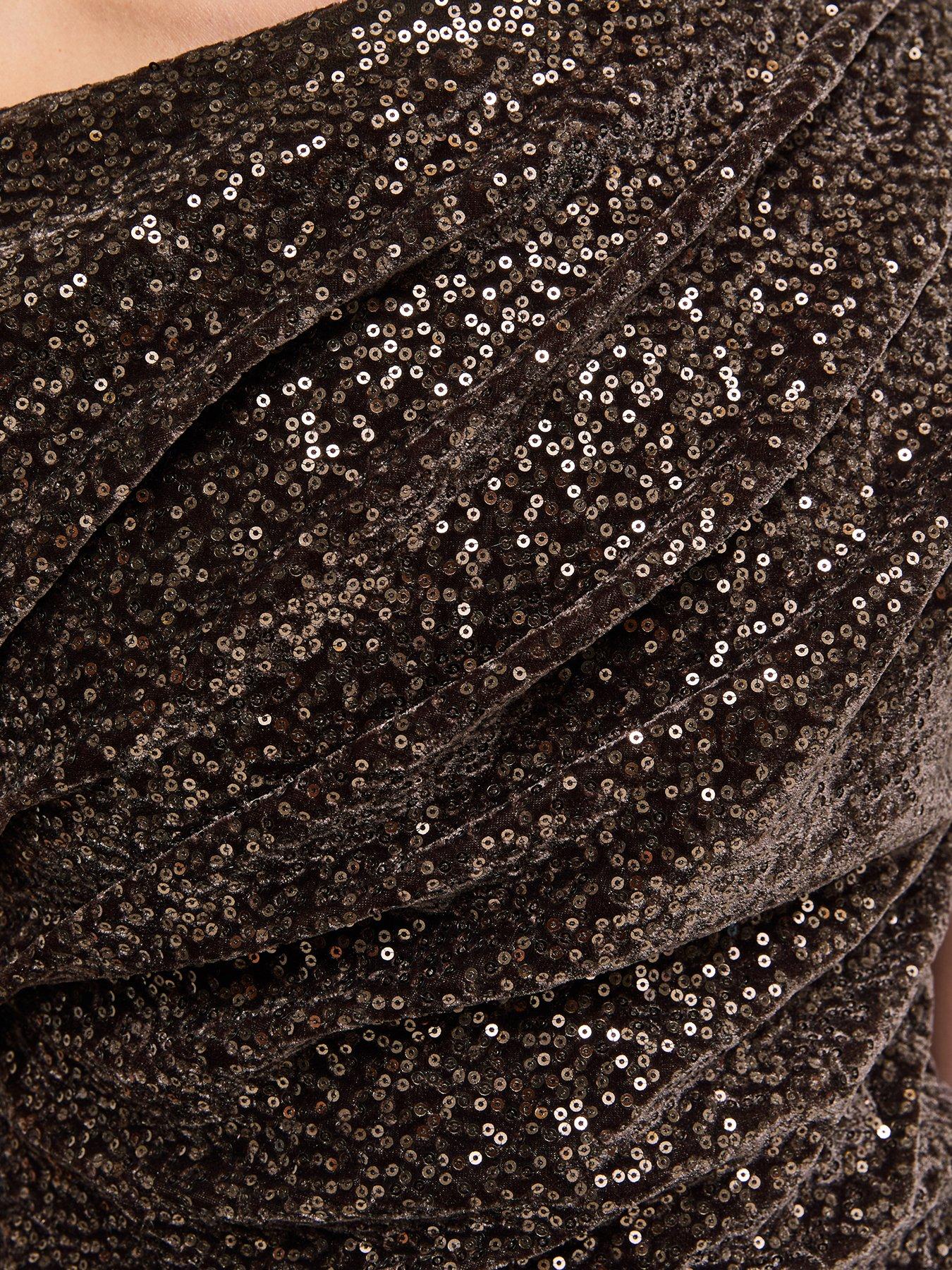 Image 6 of 6 of New Look Womens Sequin Velvet Fallen Shoulder Midi Dress - Dark Brown
