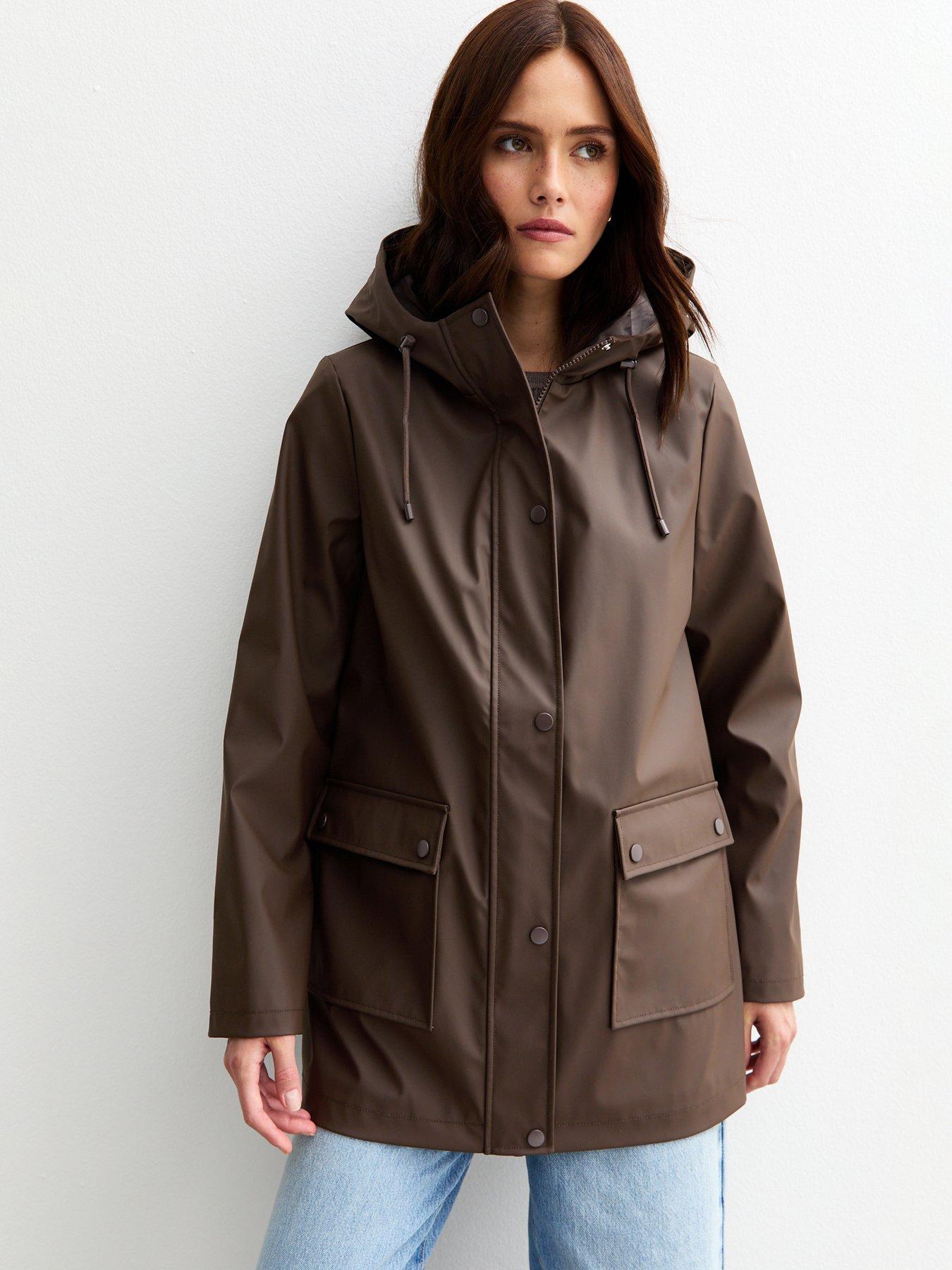 New Look Dark Brown Water Resistant Drawstring Hood Rain Anorak