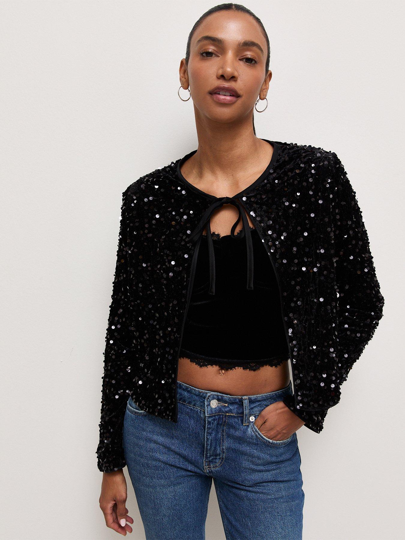Image 1 of 6 of New Look Womens Sequin Front Tie Jacket - Black