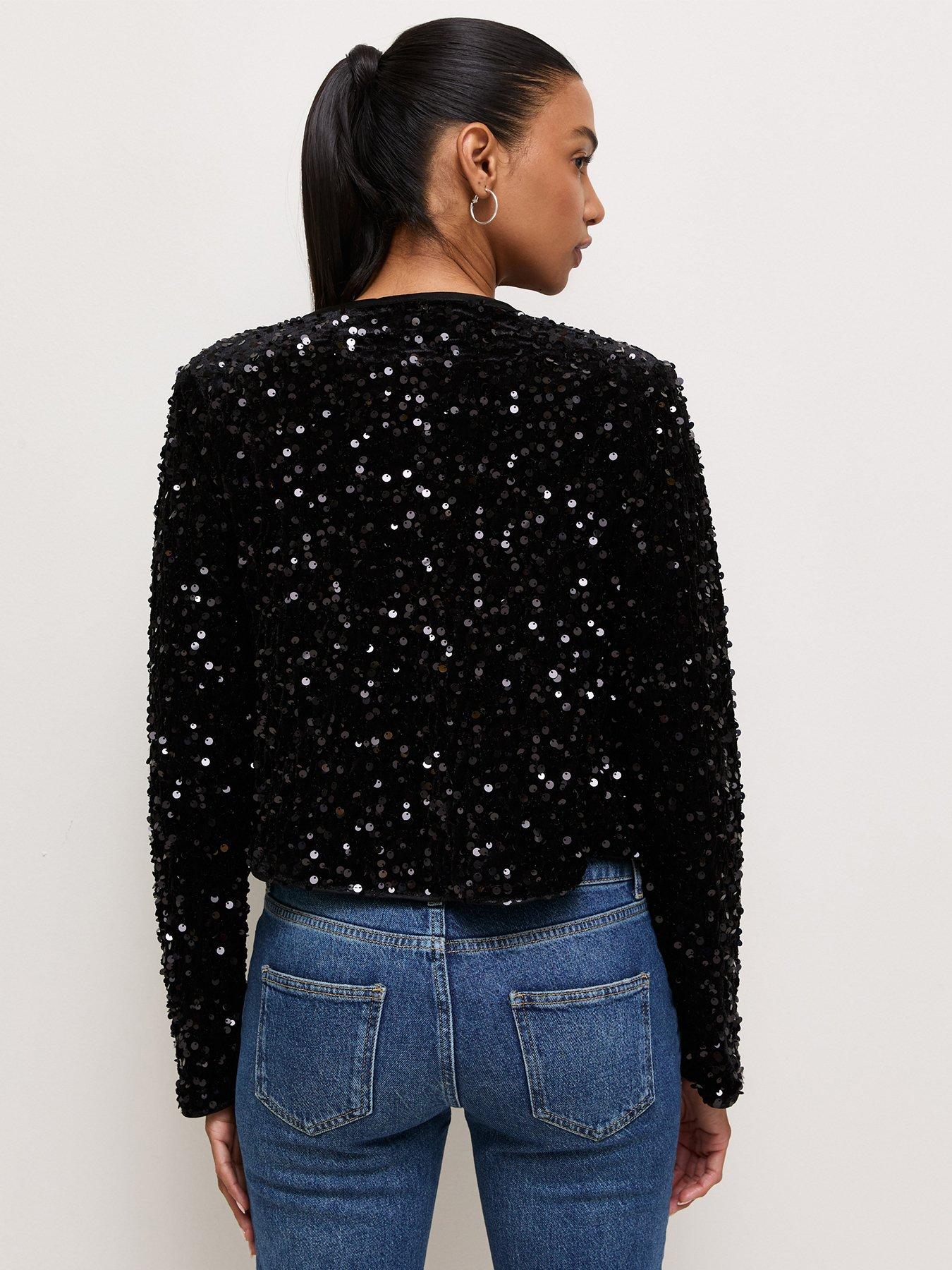 Image 2 of 6 of New Look Womens Sequin Front Tie Jacket - Black