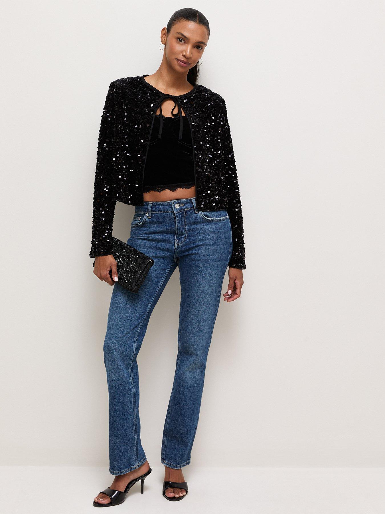 Image 3 of 6 of New Look Womens Sequin Front Tie Jacket - Black