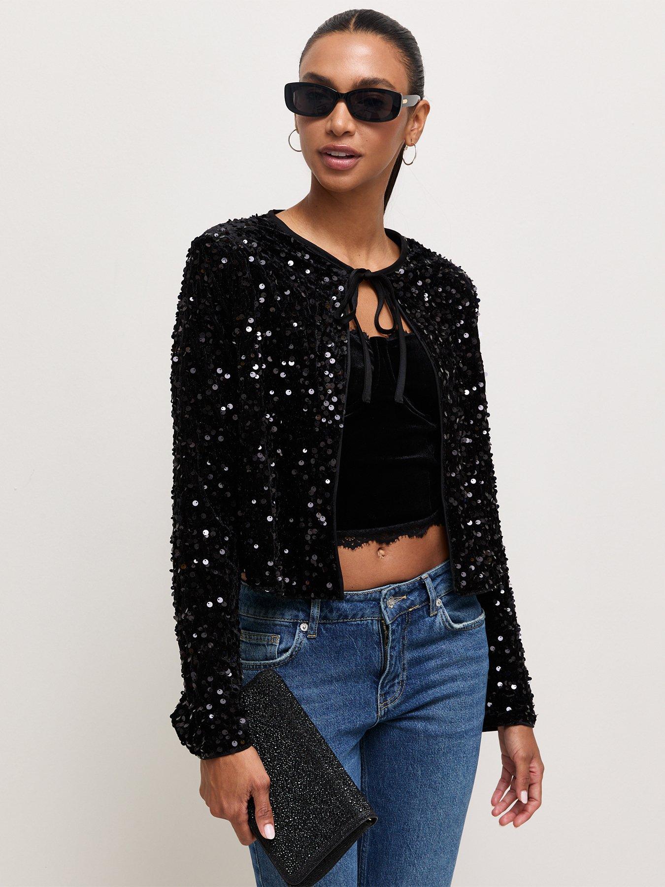 Image 4 of 6 of New Look Womens Sequin Front Tie Jacket - Black