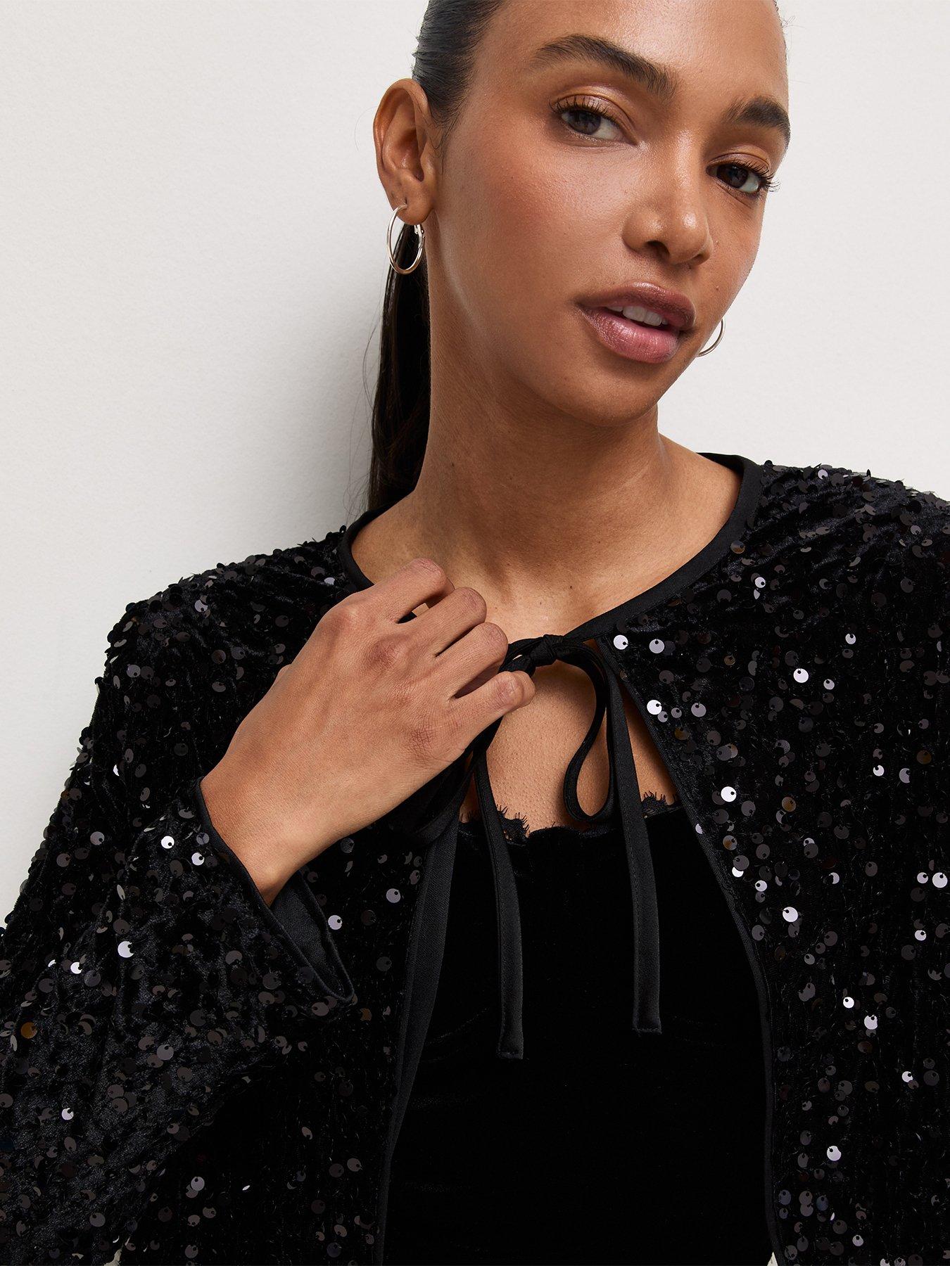Image 5 of 6 of New Look Womens Sequin Front Tie Jacket - Black