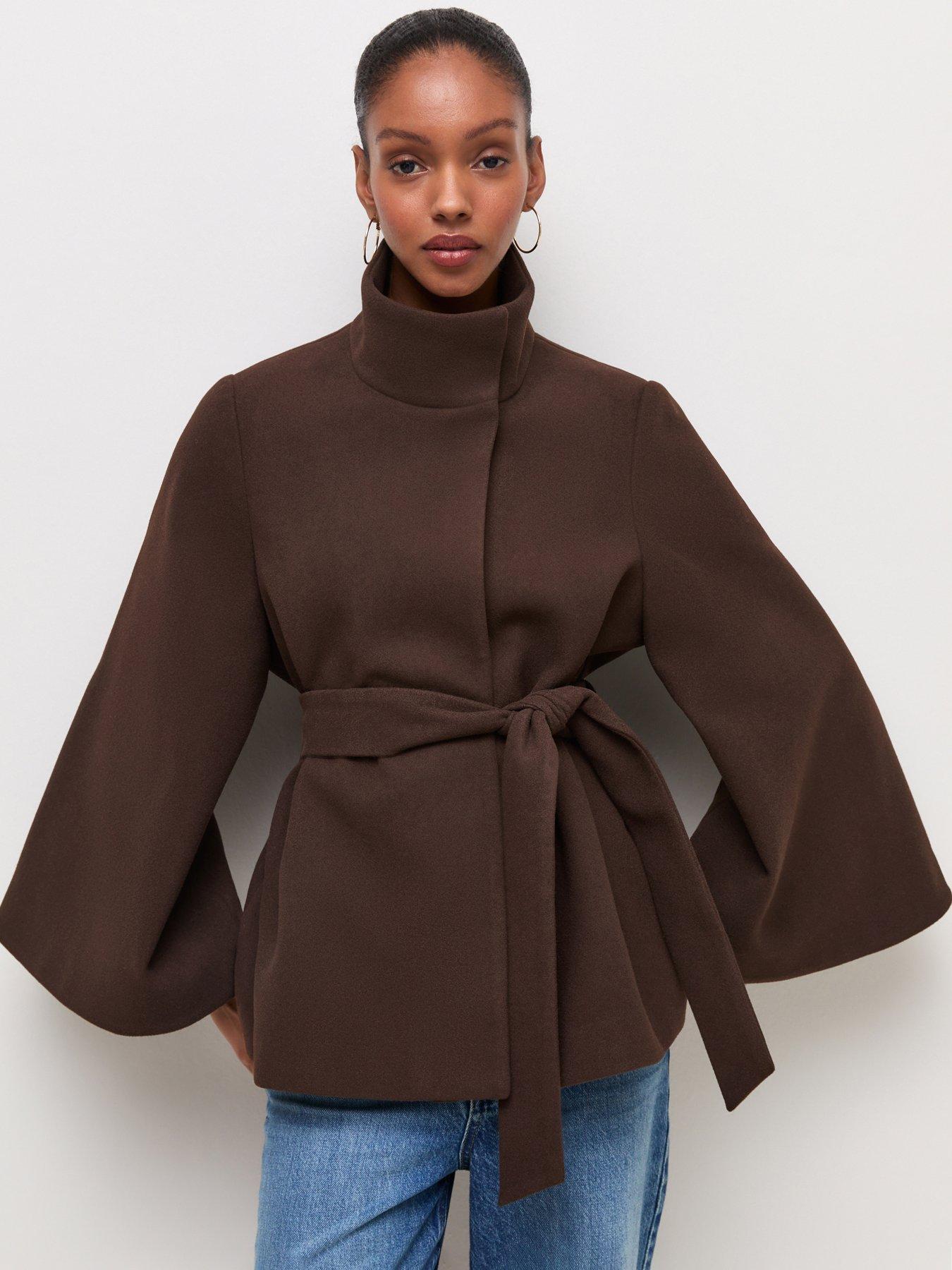 New Look Wide Sleeve Belted Cape Jacket - Brown