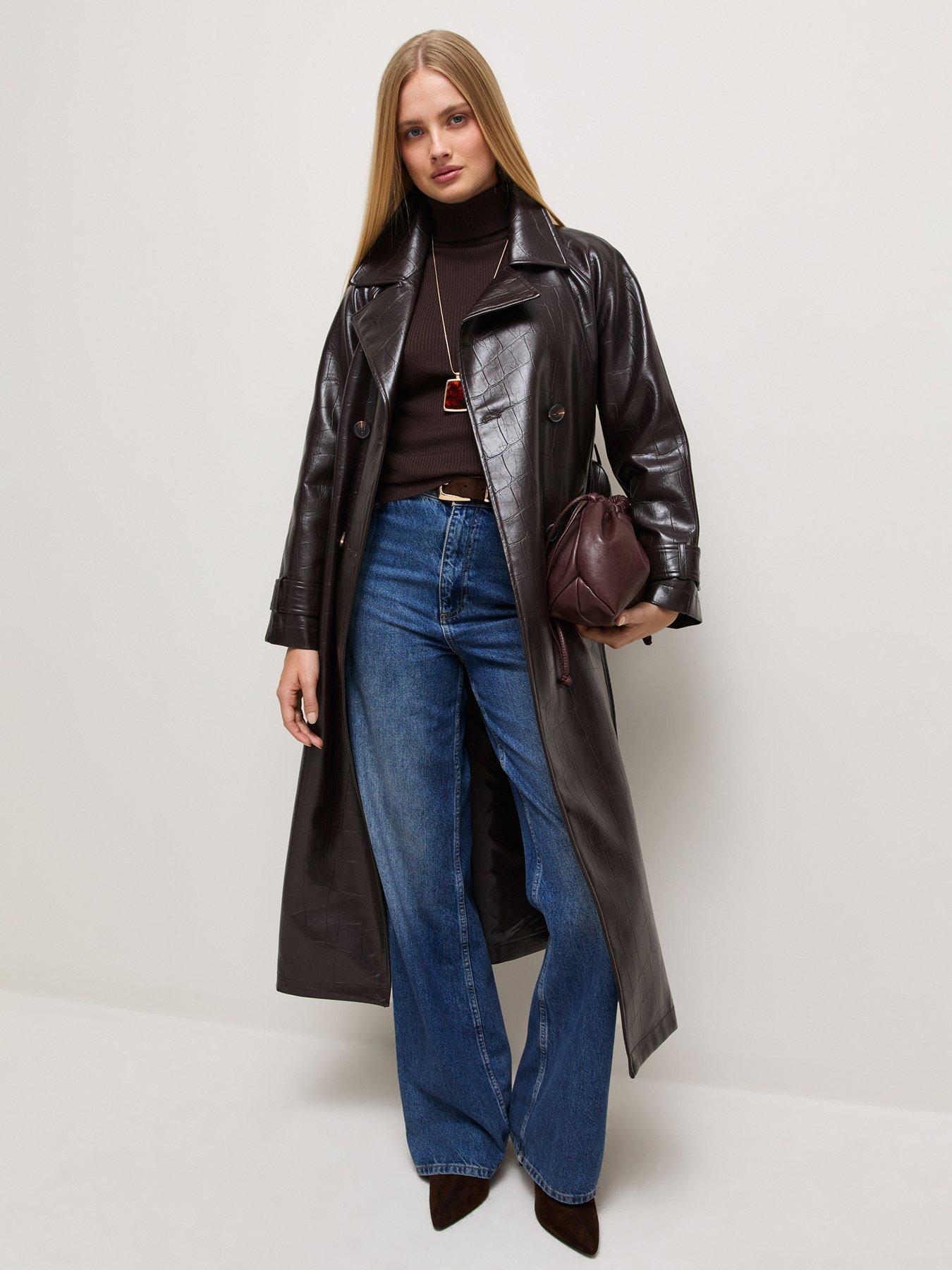 Image 1 of 6 of New Look Faux Leather Crocodile Texture Longline Trench Coat - Brown