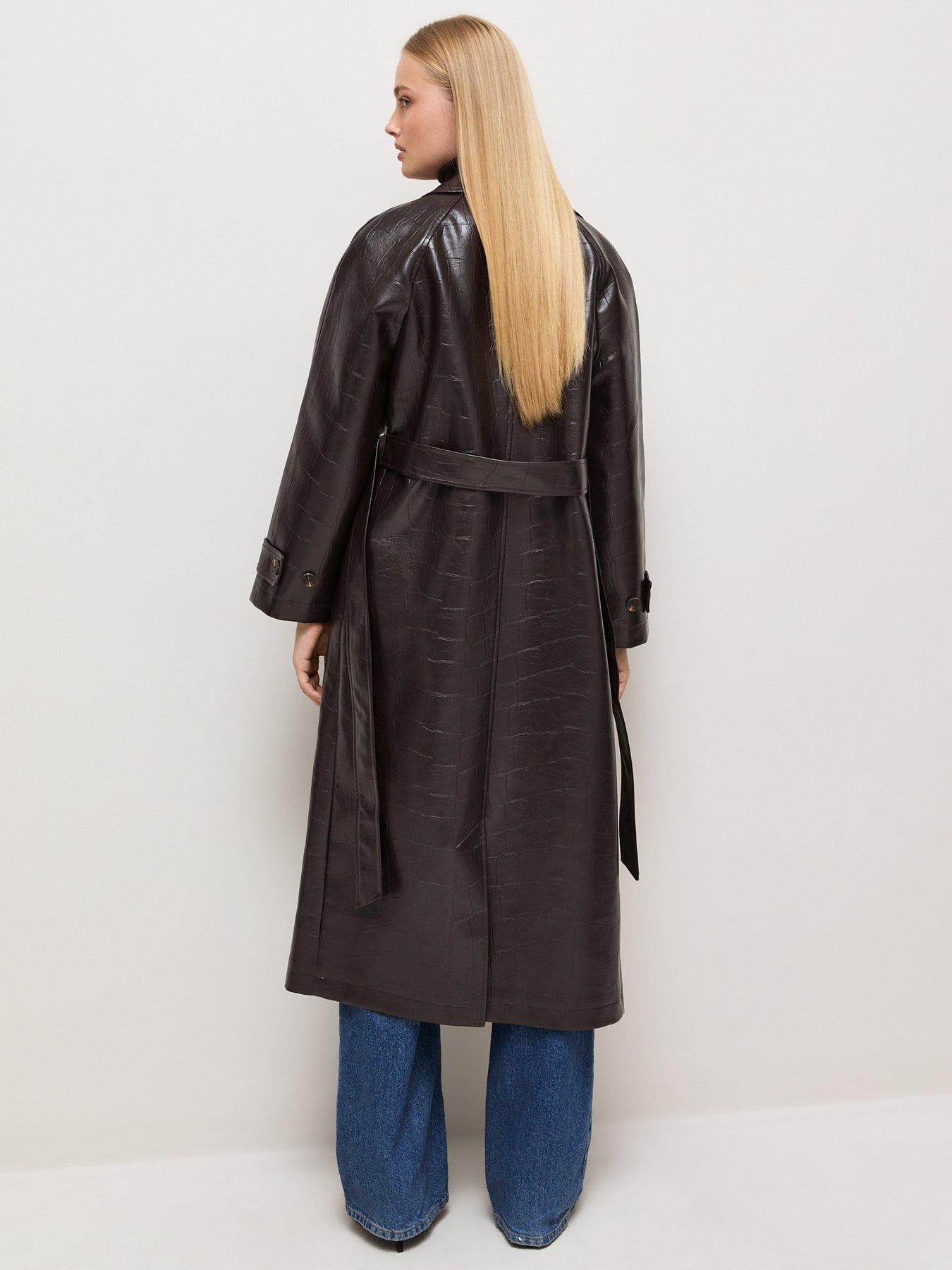 Image 2 of 6 of New Look Faux Leather Crocodile Texture Longline Trench Coat - Brown