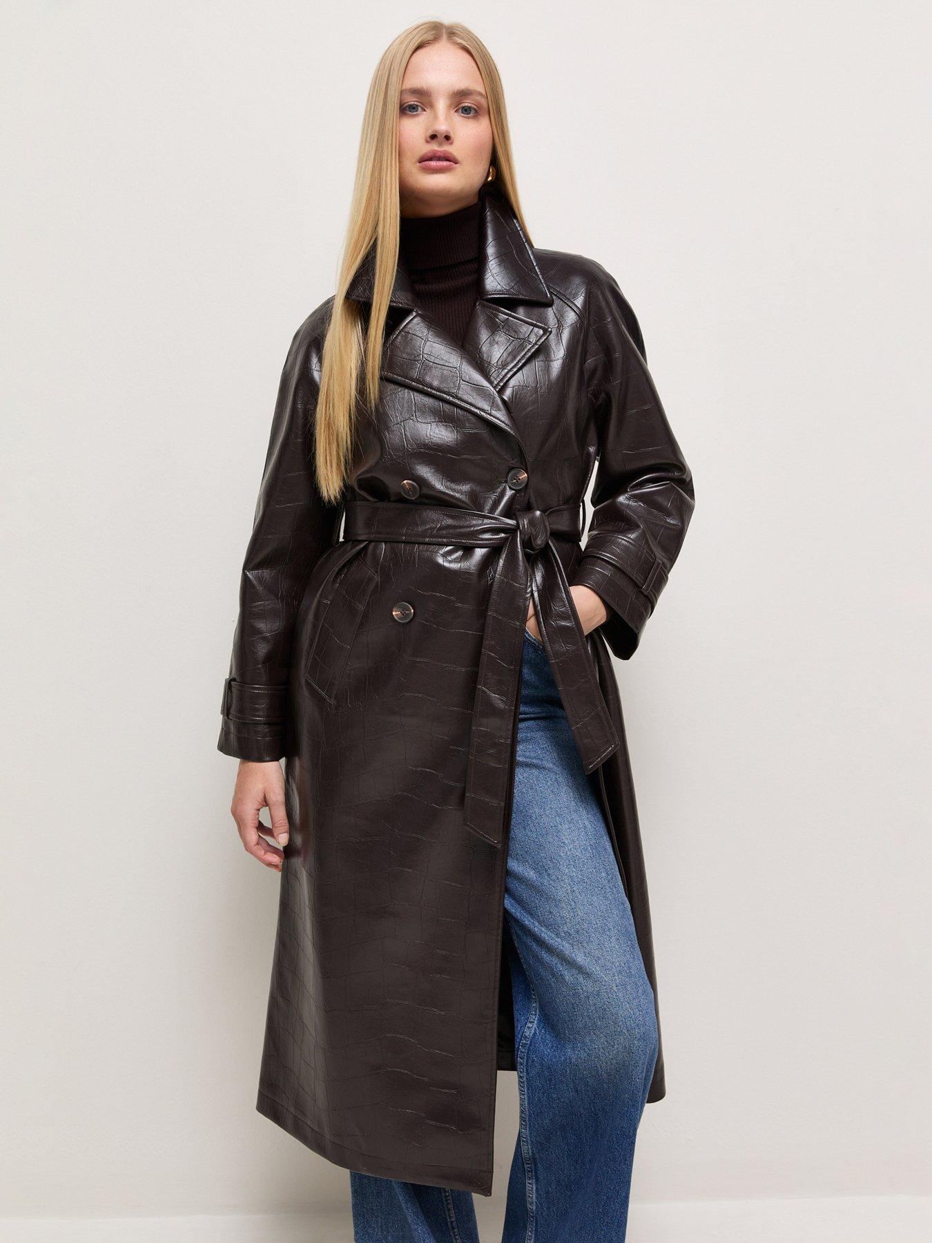 Image 3 of 6 of New Look Faux Leather Crocodile Texture Longline Trench Coat - Brown