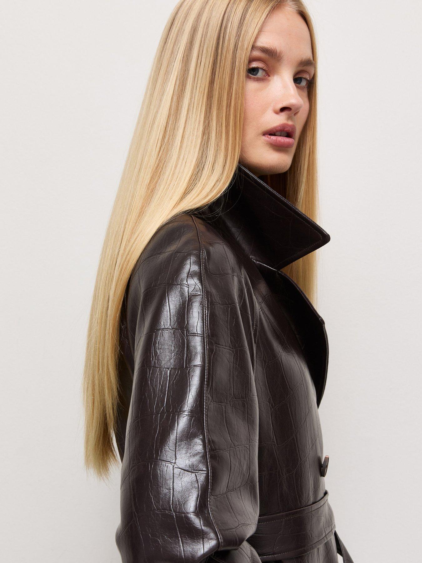 Image 4 of 6 of New Look Faux Leather Crocodile Texture Longline Trench Coat - Brown