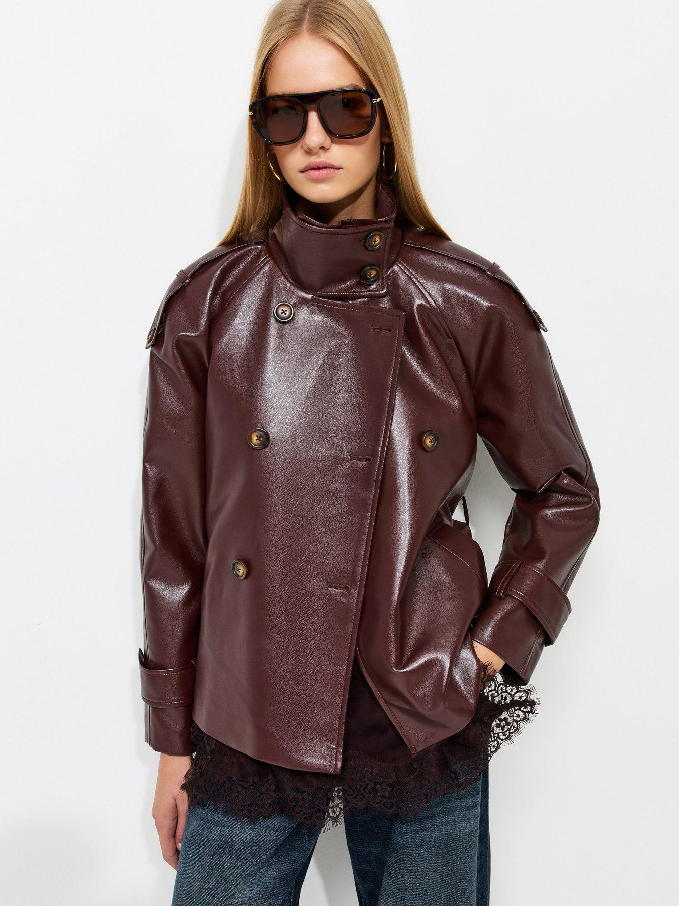 New Look Faux Leather Funnel Neck Belted Jacket - Brown