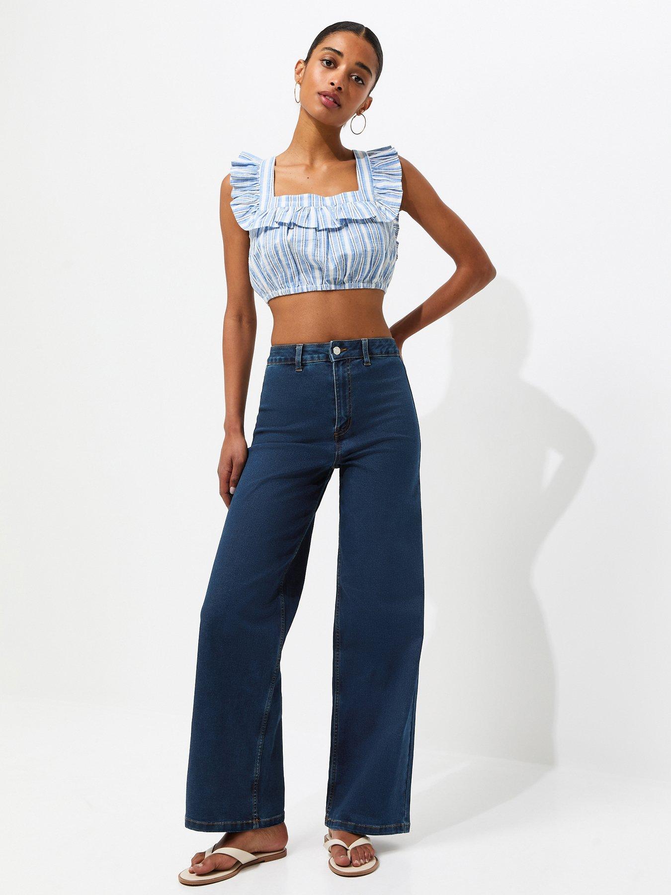 Image 1 of 7 of New Look New Look Womens High Waist Stretch Wide Leg Jeans - Blue